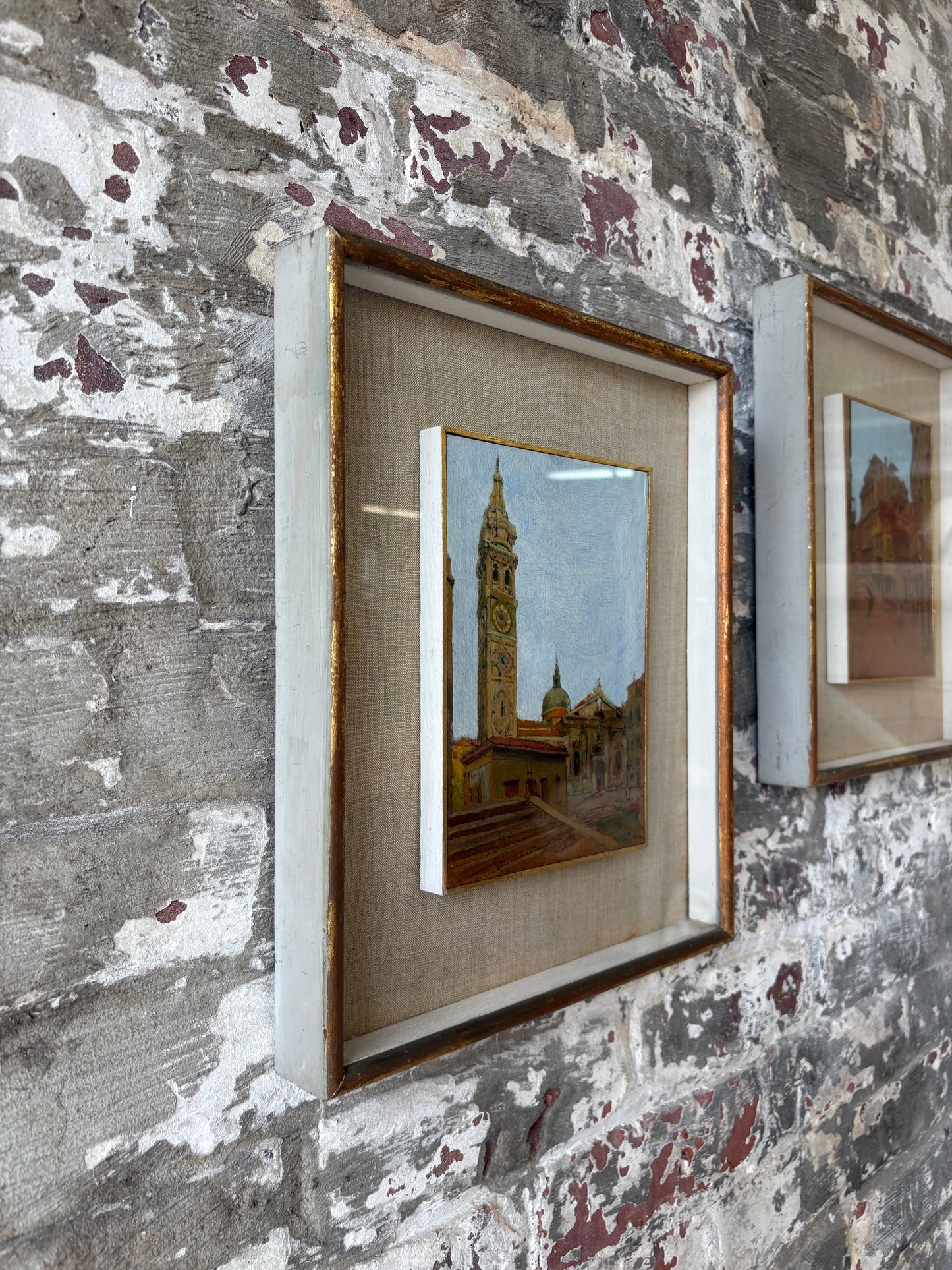 Pair of Vintage Italian Architectural Oil Paintings – Shadowbox Framed – Sourced in Parma, Italy