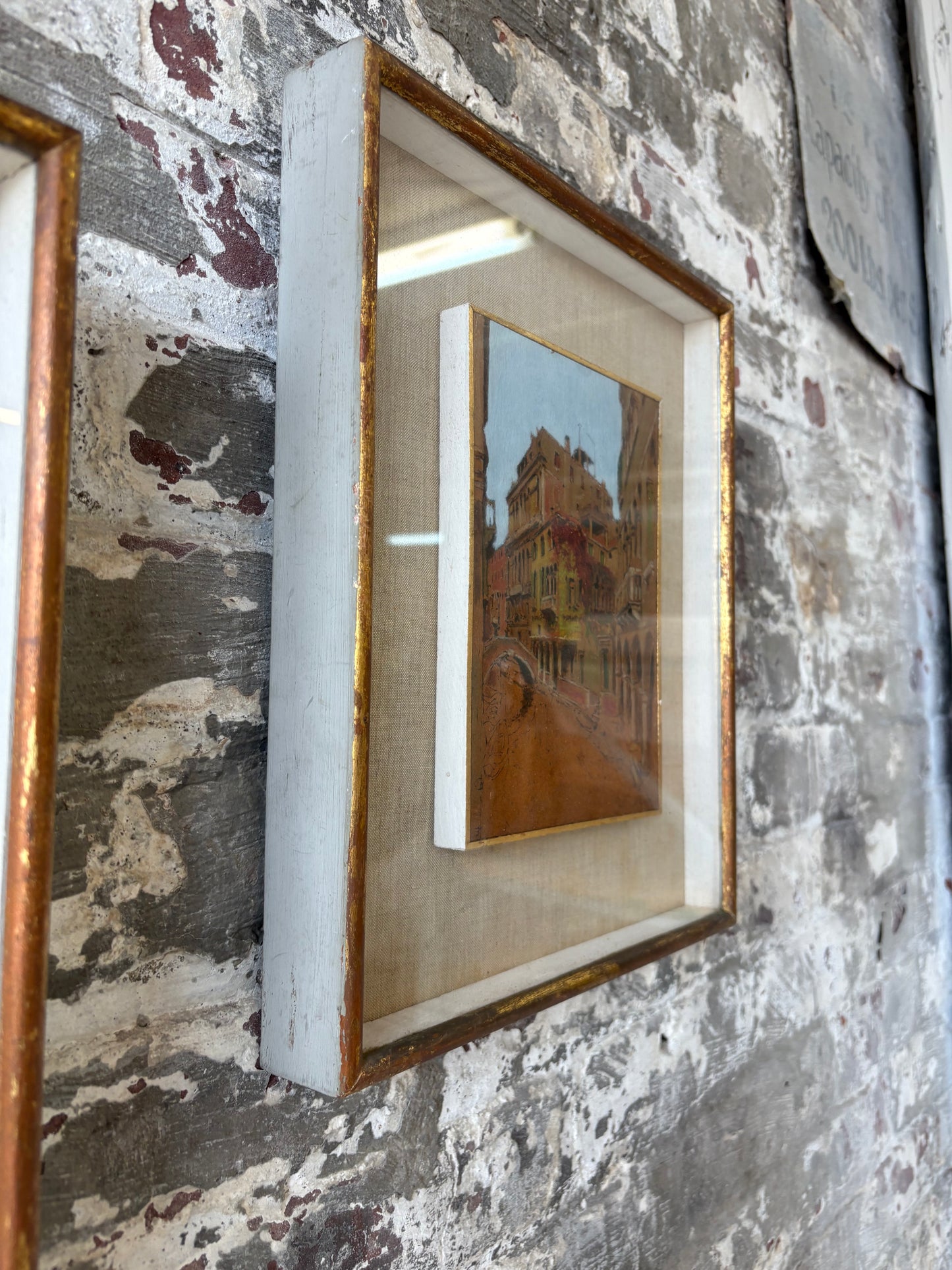 Pair of Vintage Italian Architectural Oil Paintings – Shadowbox Framed – Sourced in Parma, Italy