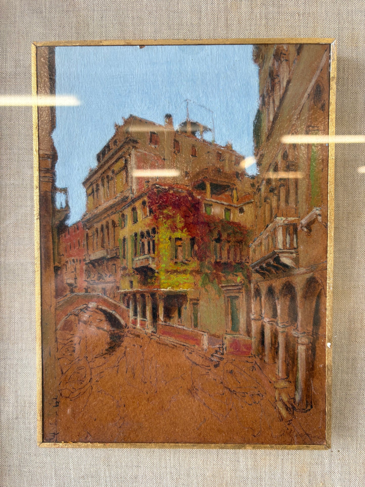 Pair of Vintage Italian Architectural Oil Paintings – Shadowbox Framed – Sourced in Parma, Italy