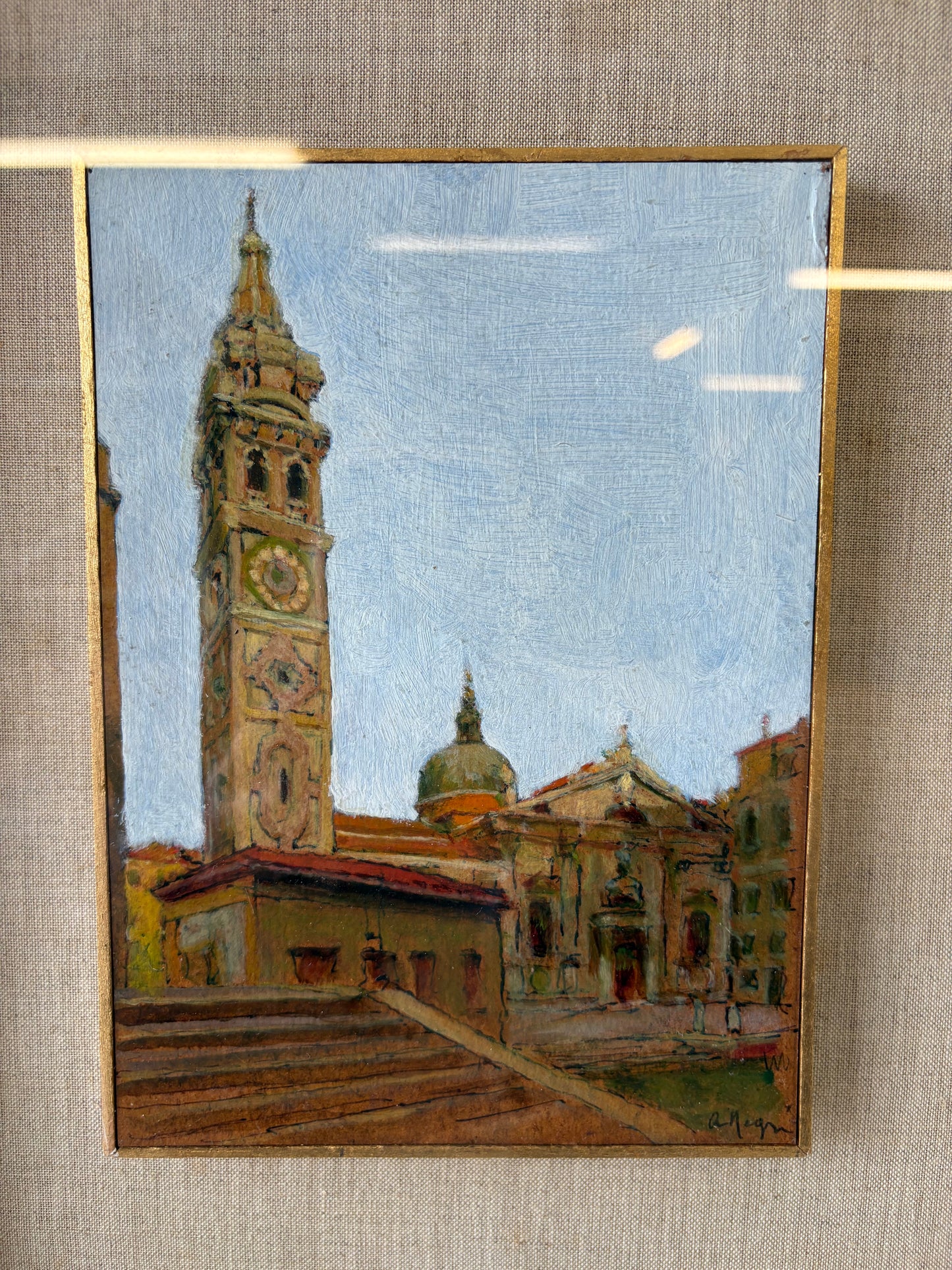 Pair of Vintage Italian Architectural Oil Paintings – Shadowbox Framed – Sourced in Parma, Italy