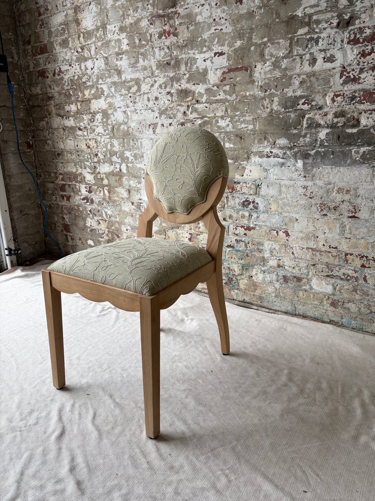Sage Green Upholstered Vanity Chair with Sculptural Wood Frame