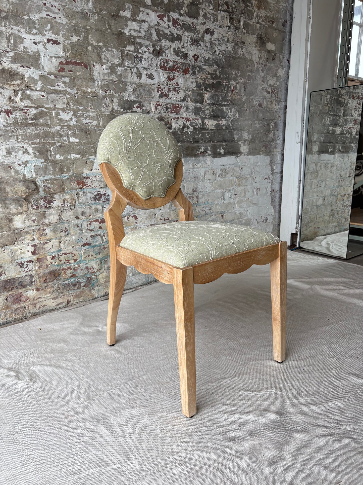 Sage Green Upholstered Vanity Chair with Sculptural Wood Frame