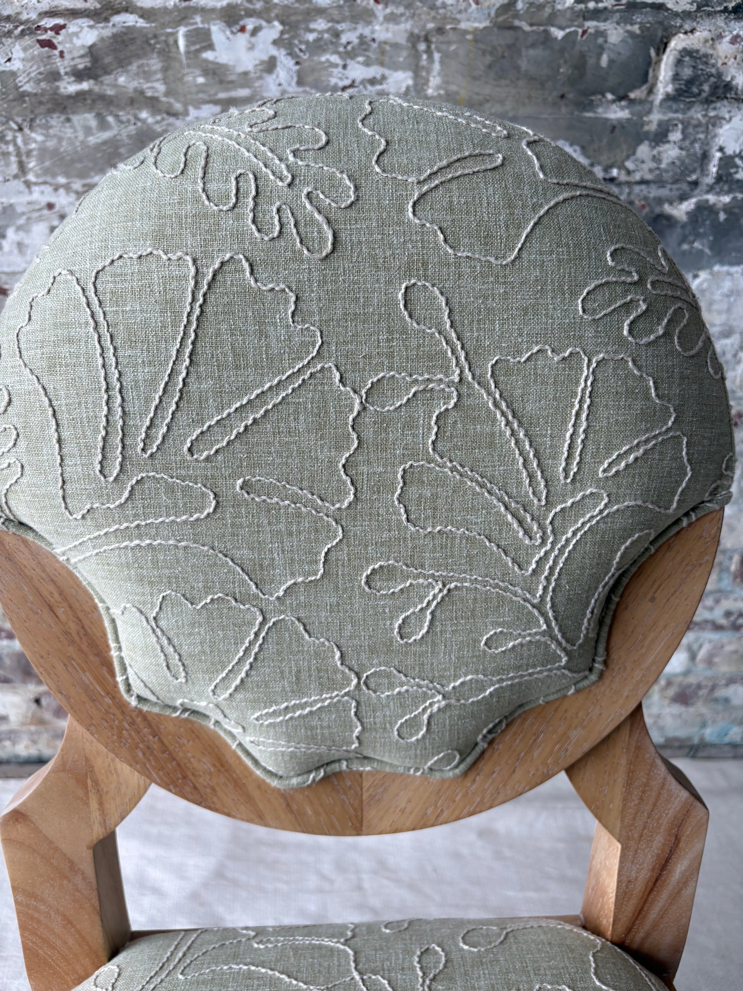 Sage Green Upholstered Vanity Chair with Sculptural Wood Frame