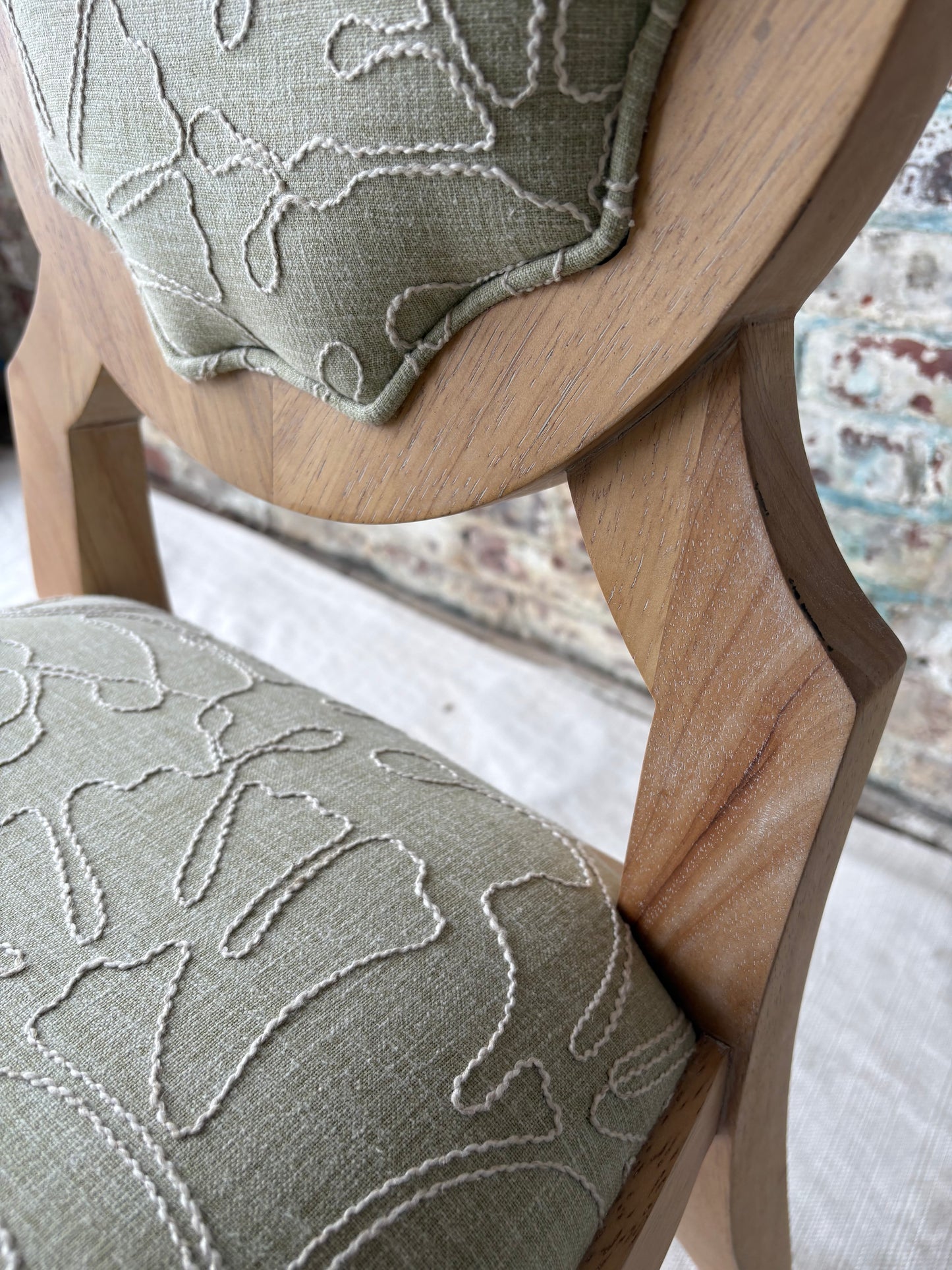 Sage Green Upholstered Vanity Chair with Sculptural Wood Frame