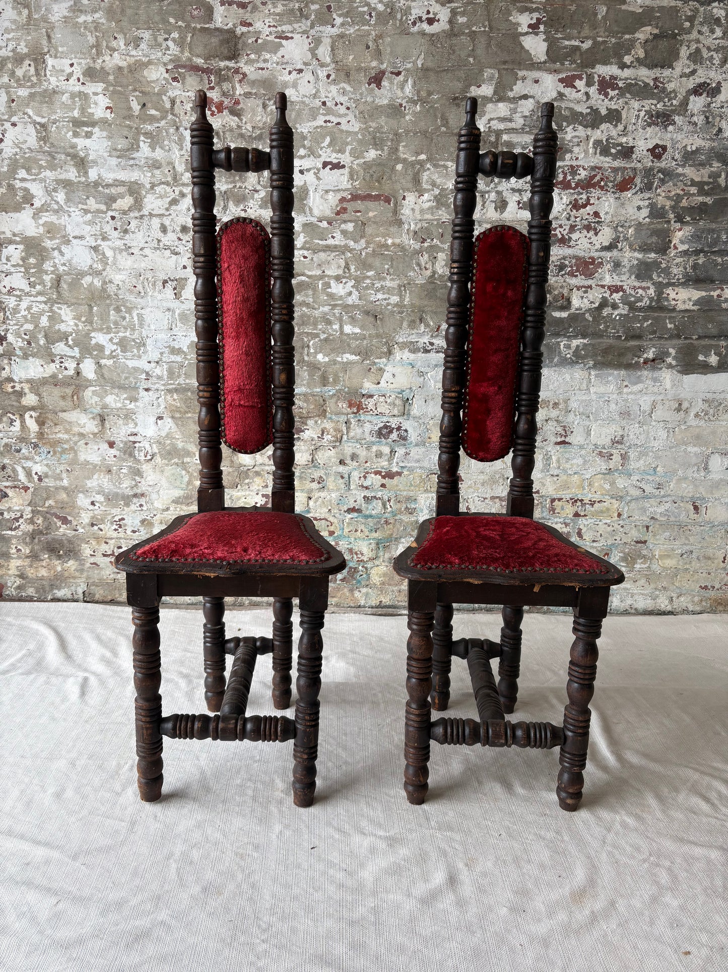 Vintage Spanish Revival Prayer Chairs with Red Velvet Upholstery – Pair
