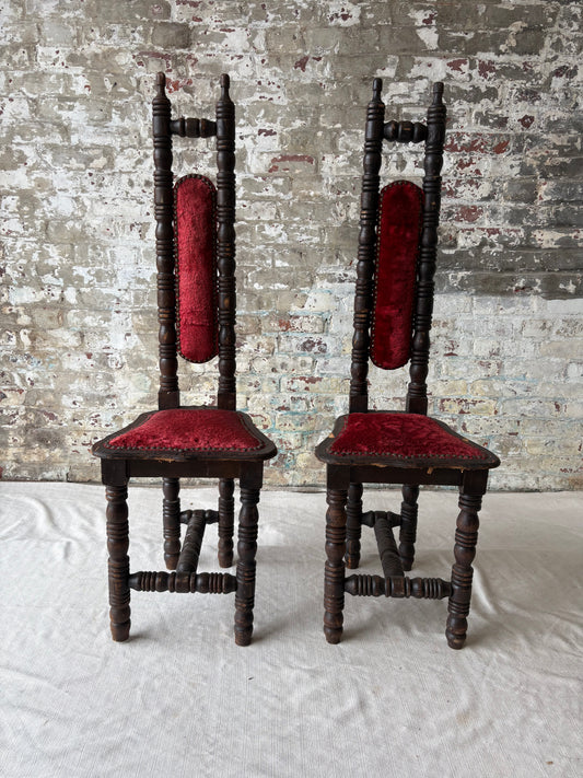 Vintage Spanish Revival Prayer Chairs with Red Velvet Upholstery – Pair
