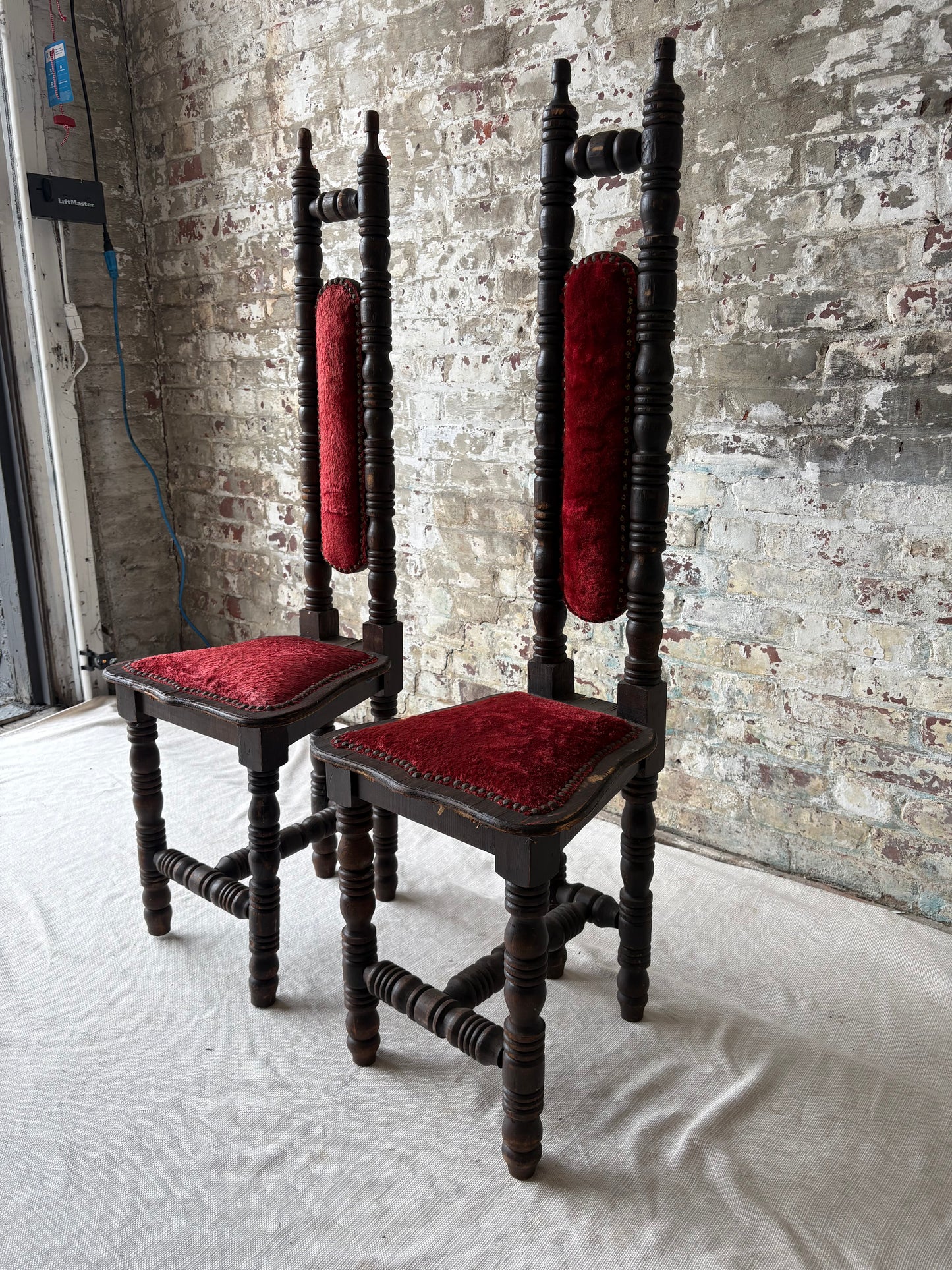Vintage Spanish Revival Prayer Chairs with Red Velvet Upholstery – Pair