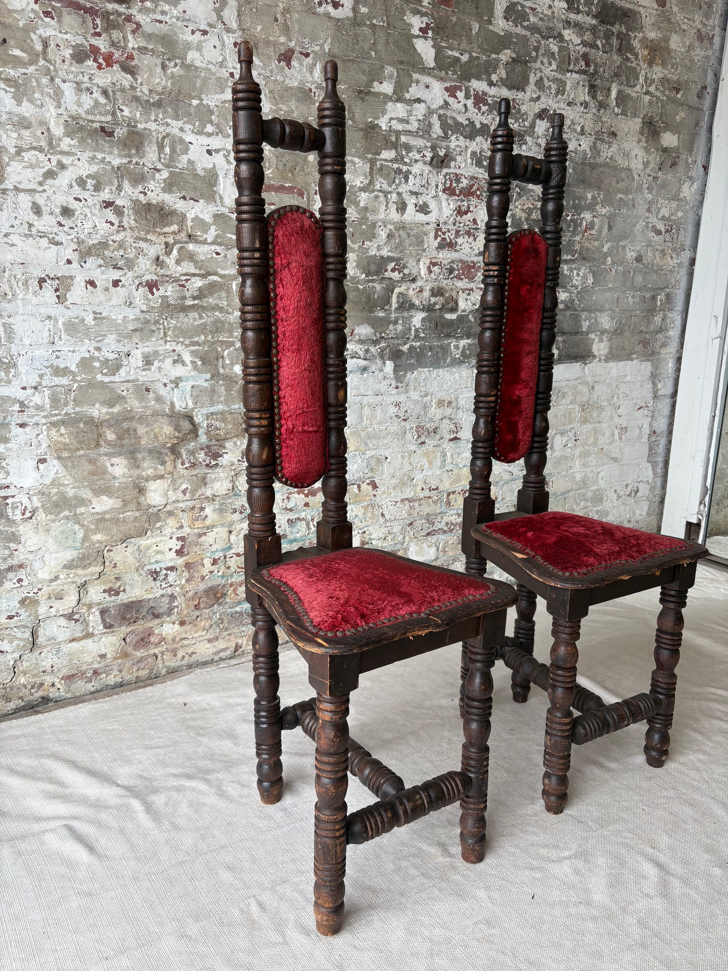Vintage Spanish Revival Prayer Chairs with Red Velvet Upholstery – Pair
