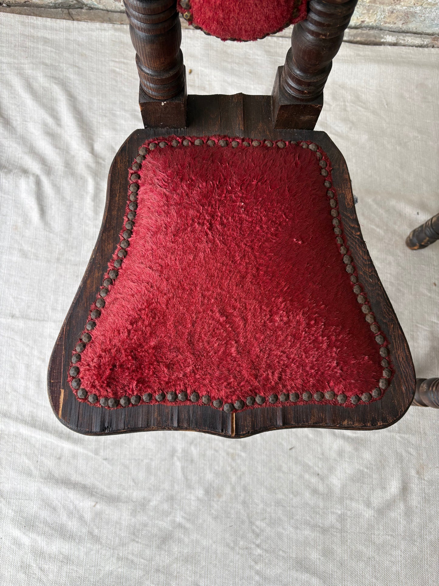 Vintage Spanish Revival Prayer Chairs with Red Velvet Upholstery – Pair