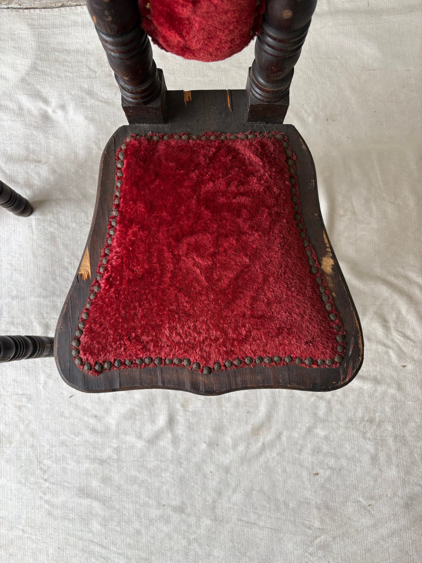 Vintage Spanish Revival Prayer Chairs with Red Velvet Upholstery – Pair
