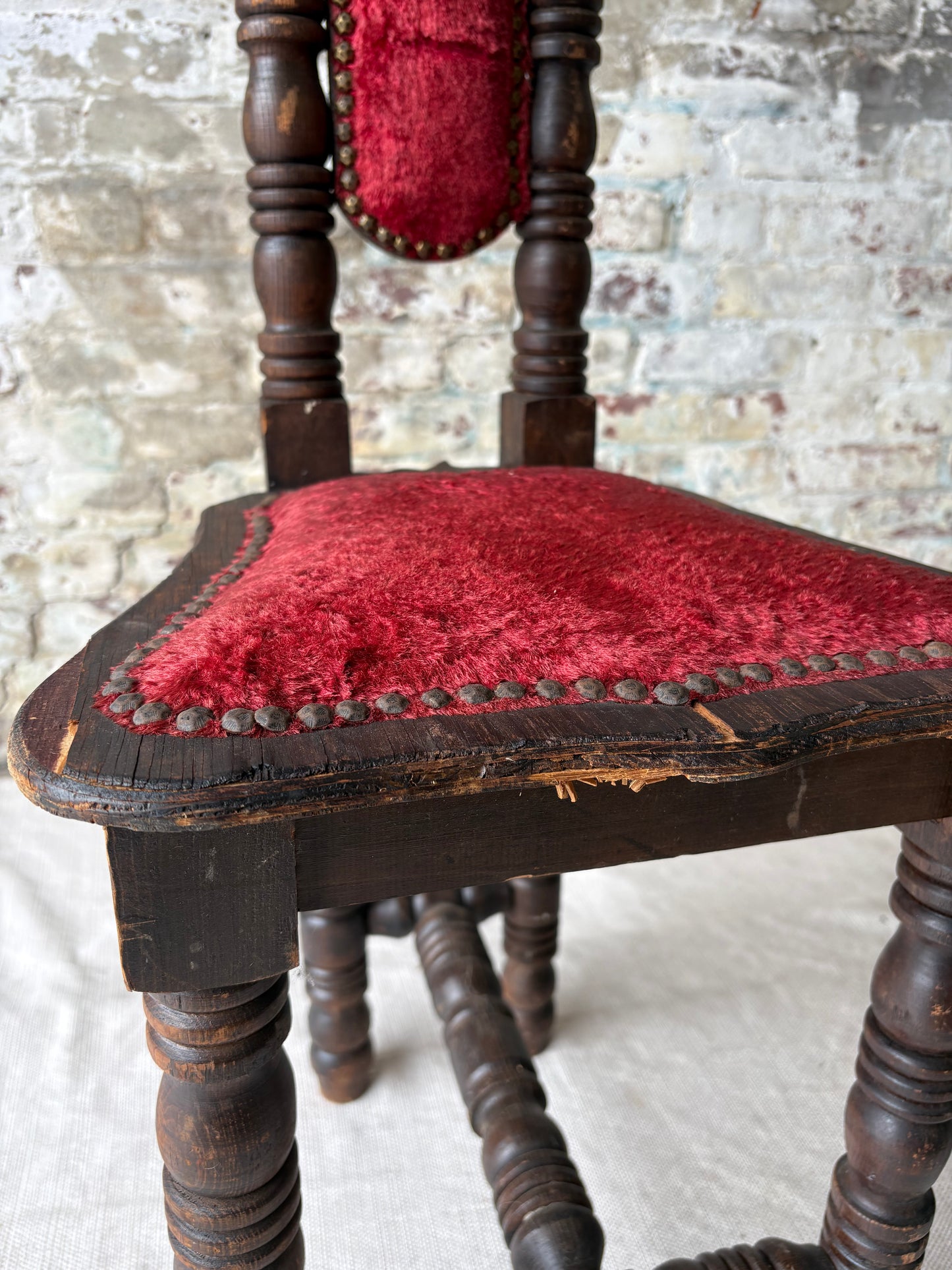 Vintage Spanish Revival Prayer Chairs with Red Velvet Upholstery – Pair