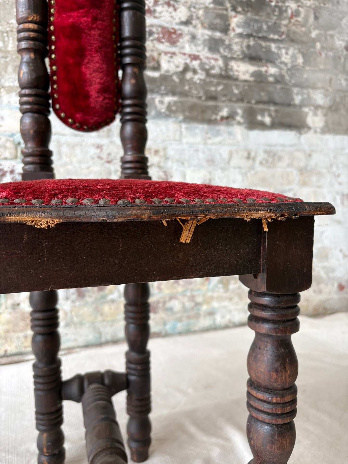 Vintage Spanish Revival Prayer Chairs with Red Velvet Upholstery – Pair