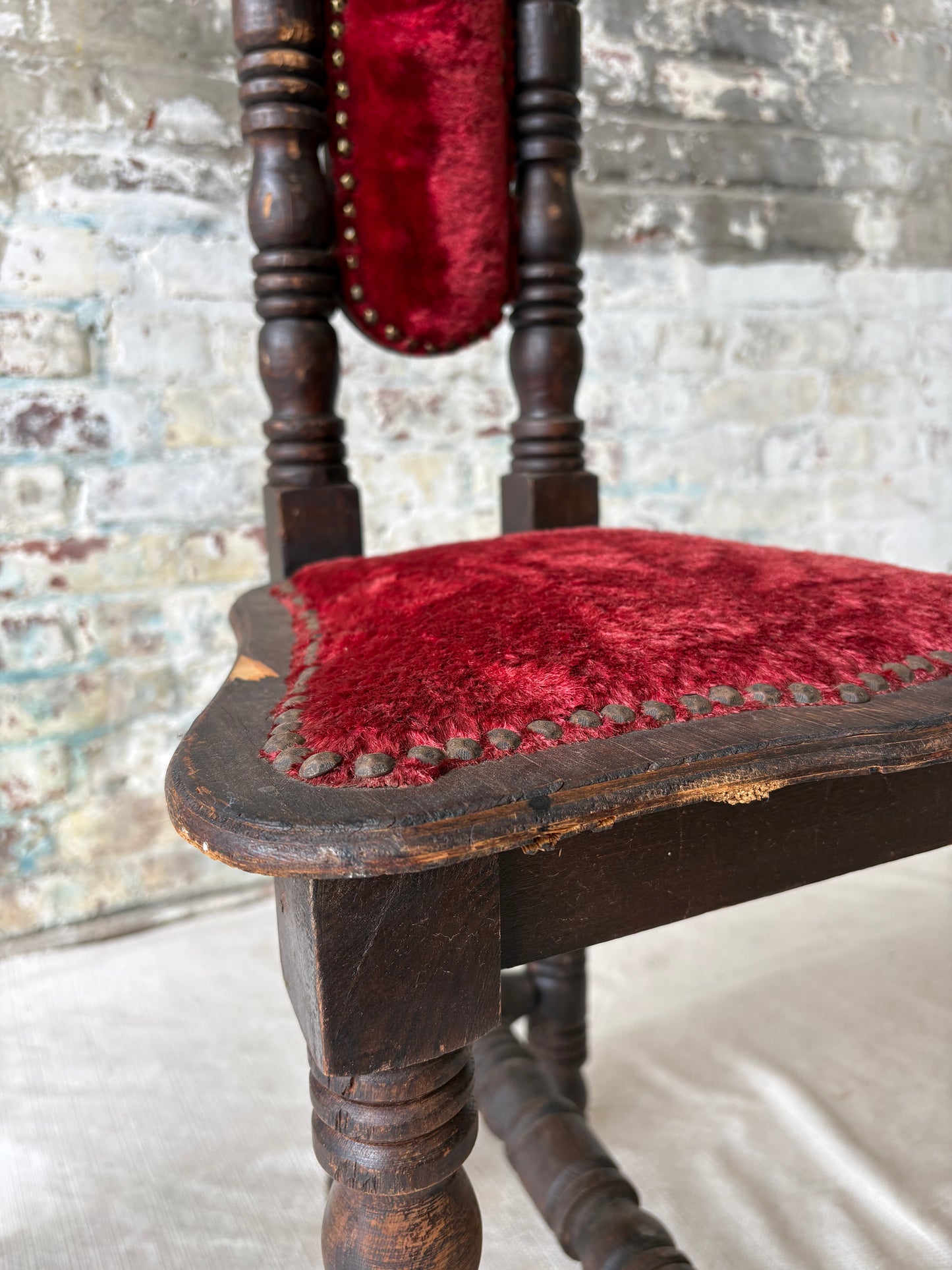 Vintage Spanish Revival Prayer Chairs with Red Velvet Upholstery – Pair
