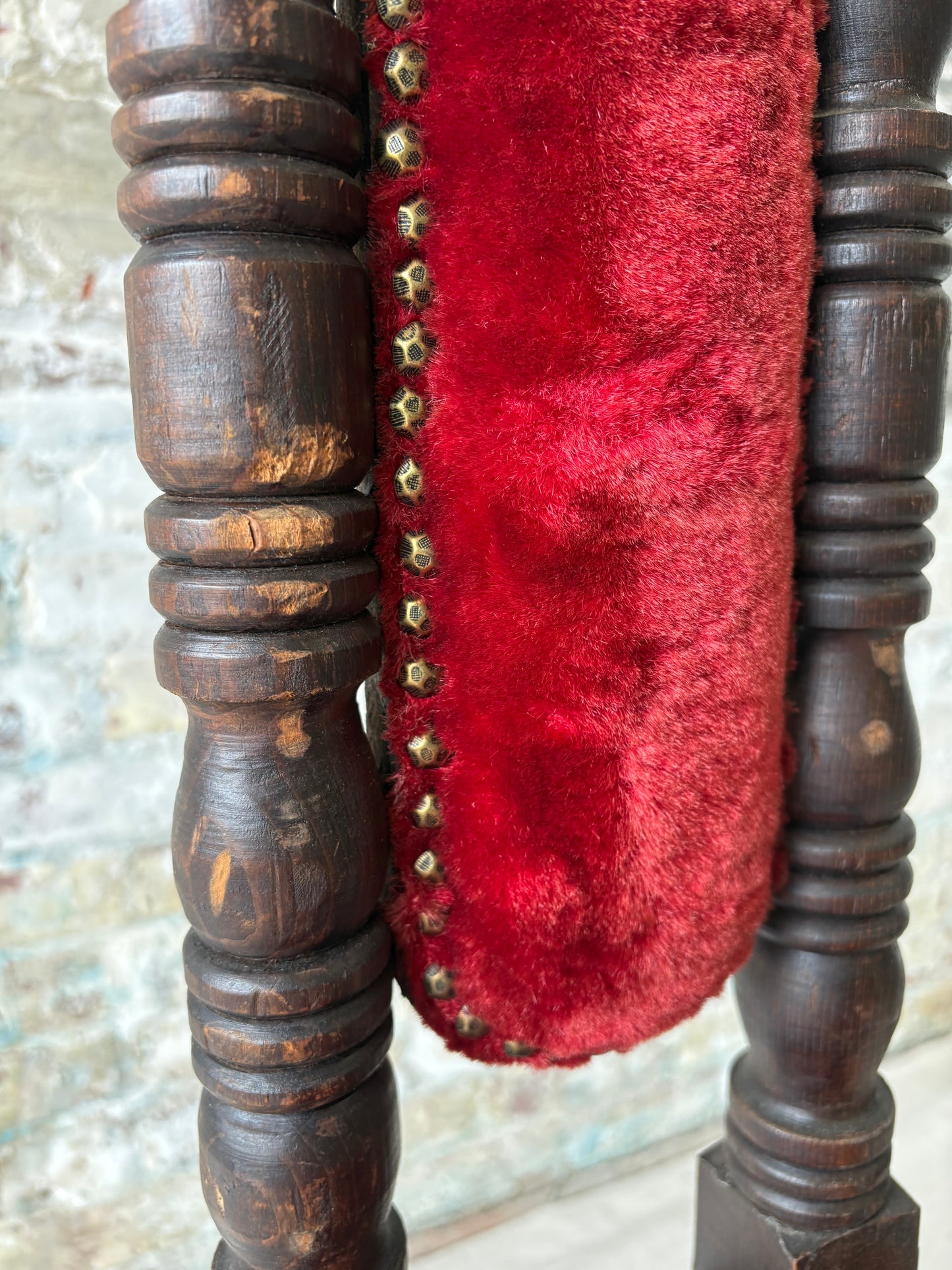 Vintage Spanish Revival Prayer Chairs with Red Velvet Upholstery – Pair