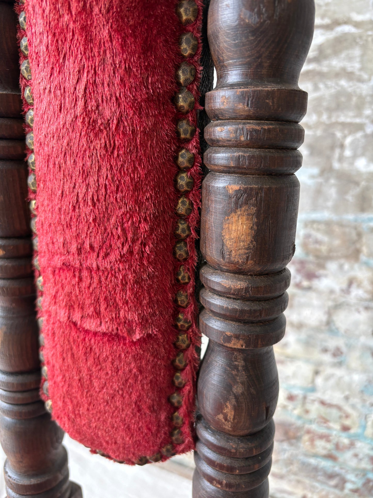 Vintage Spanish Revival Prayer Chairs with Red Velvet Upholstery – Pair