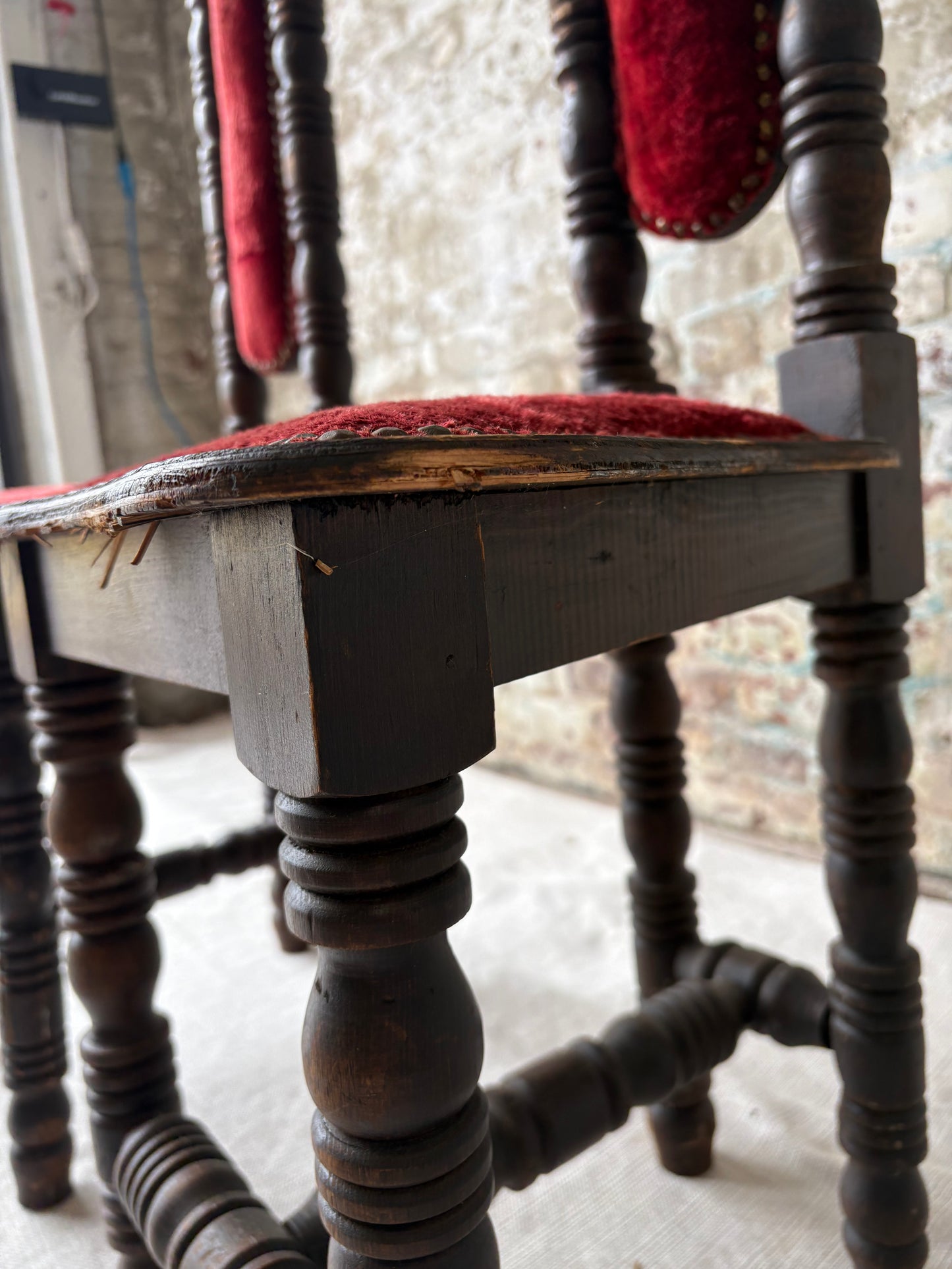 Vintage Spanish Revival Prayer Chairs with Red Velvet Upholstery – Pair