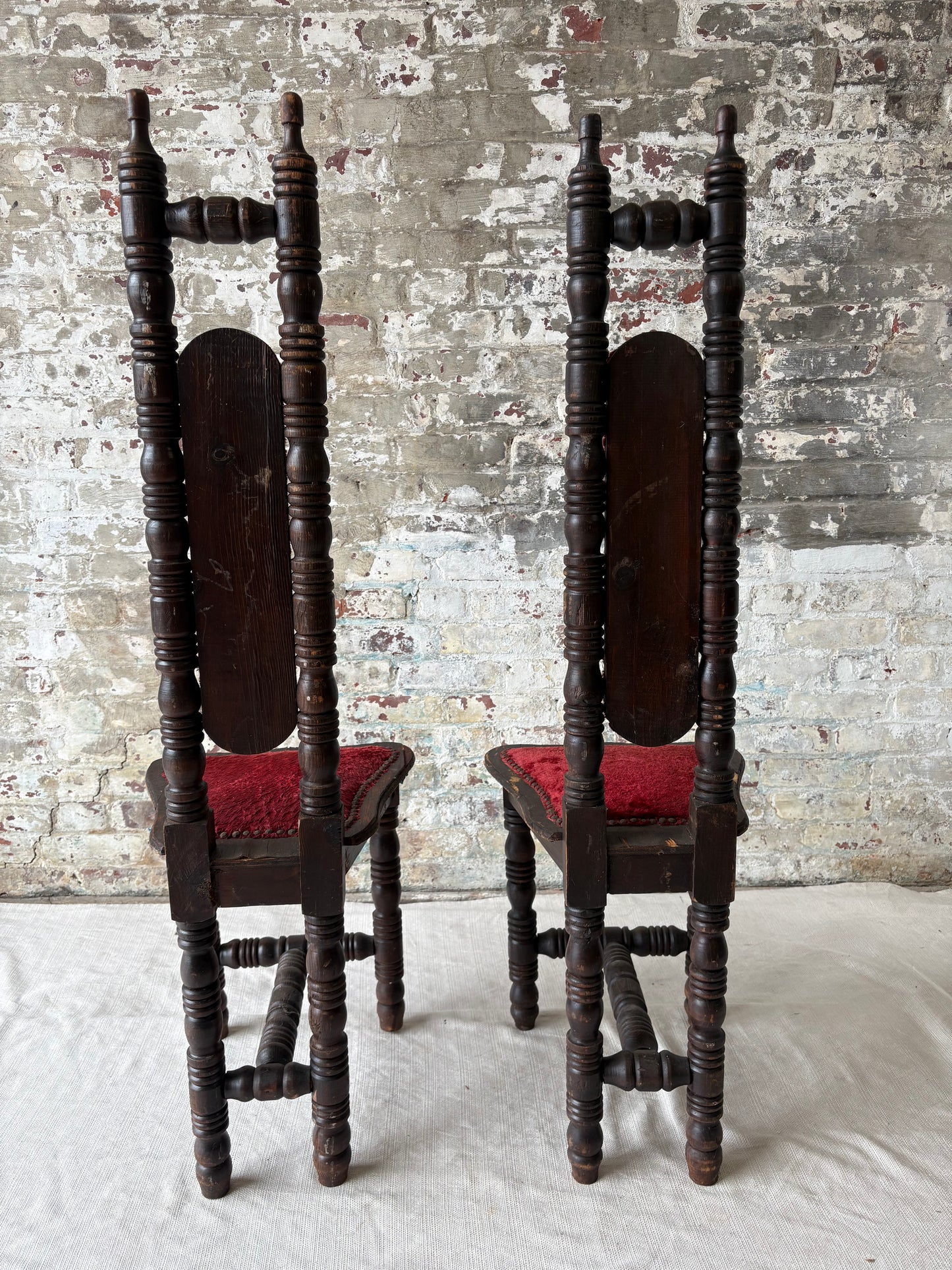 Vintage Spanish Revival Prayer Chairs with Red Velvet Upholstery – Pair
