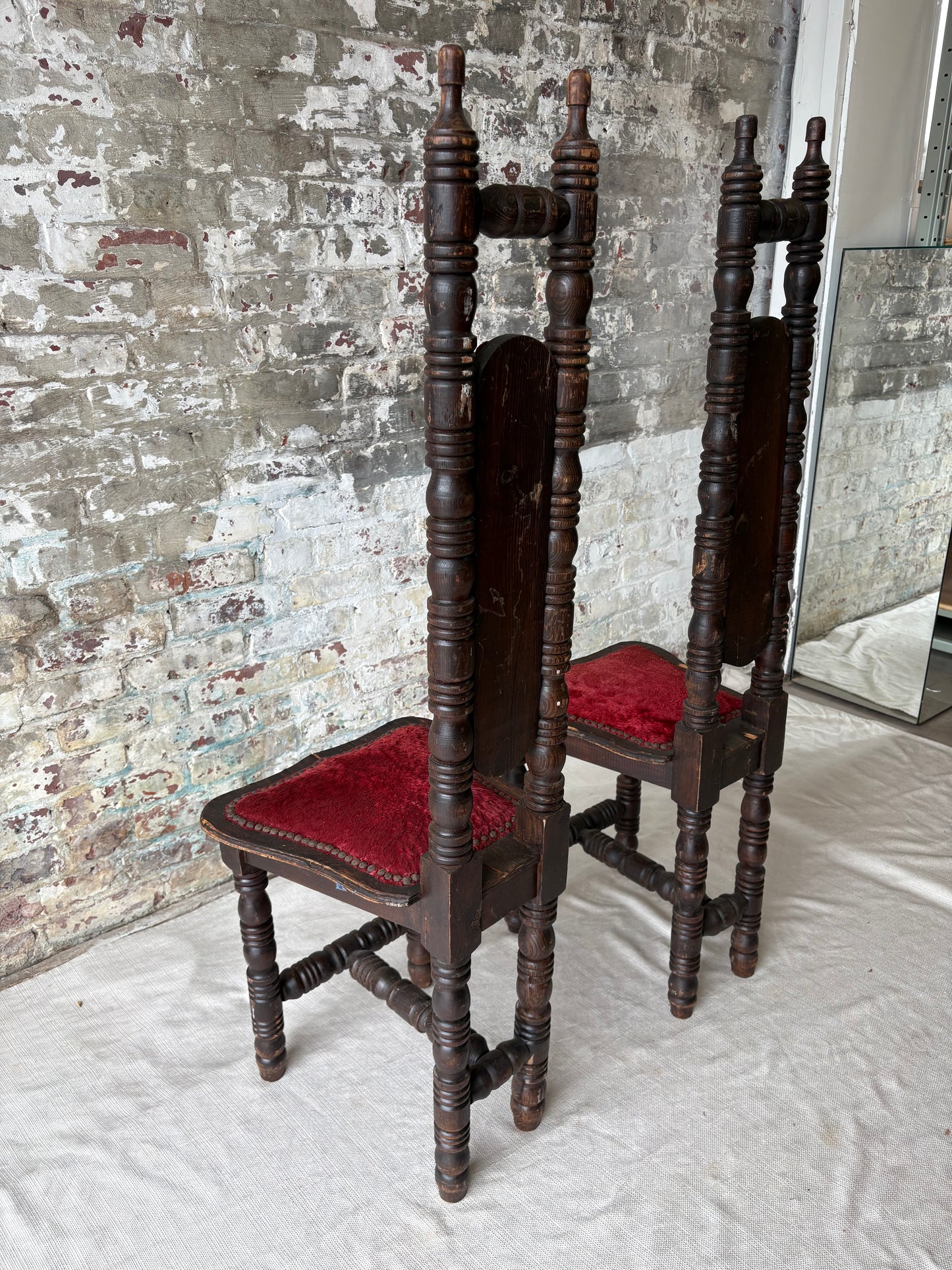 Vintage Spanish Revival Prayer Chairs with Red Velvet Upholstery – Pair