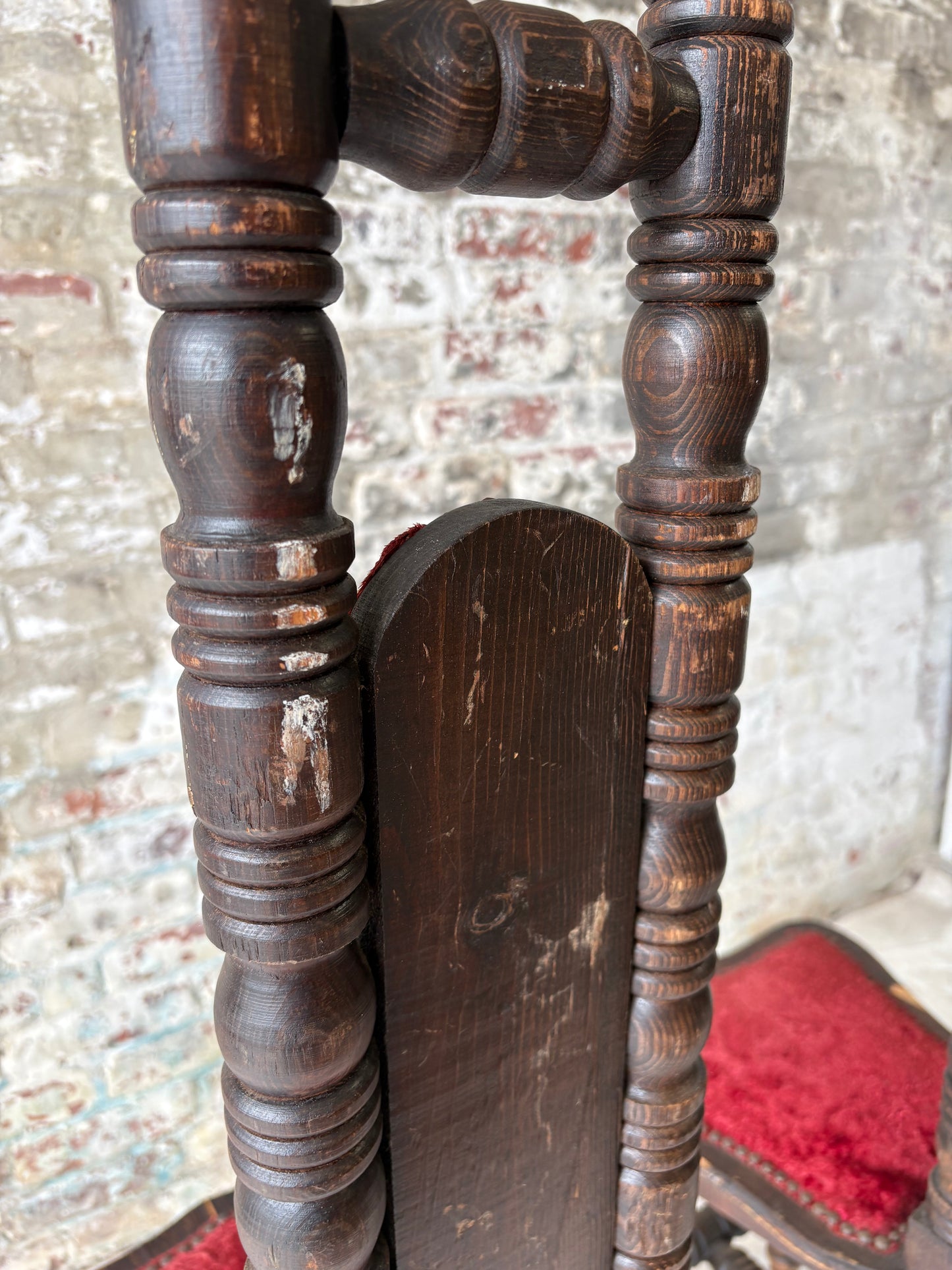 Vintage Spanish Revival Prayer Chairs with Red Velvet Upholstery – Pair
