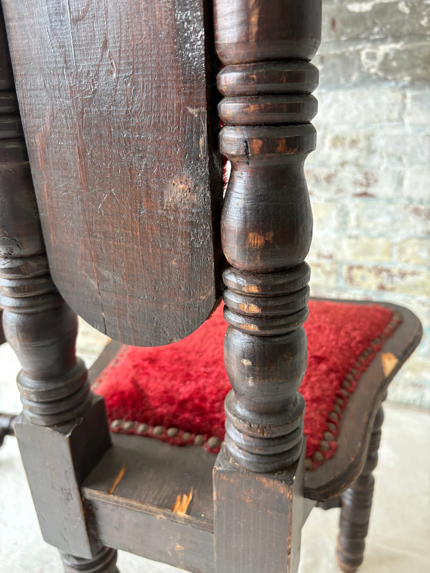 Vintage Spanish Revival Prayer Chairs with Red Velvet Upholstery – Pair
