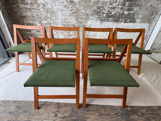 Set of 6 Mid Century Modern Teak Folding Dining Chairs with Green Upholstery