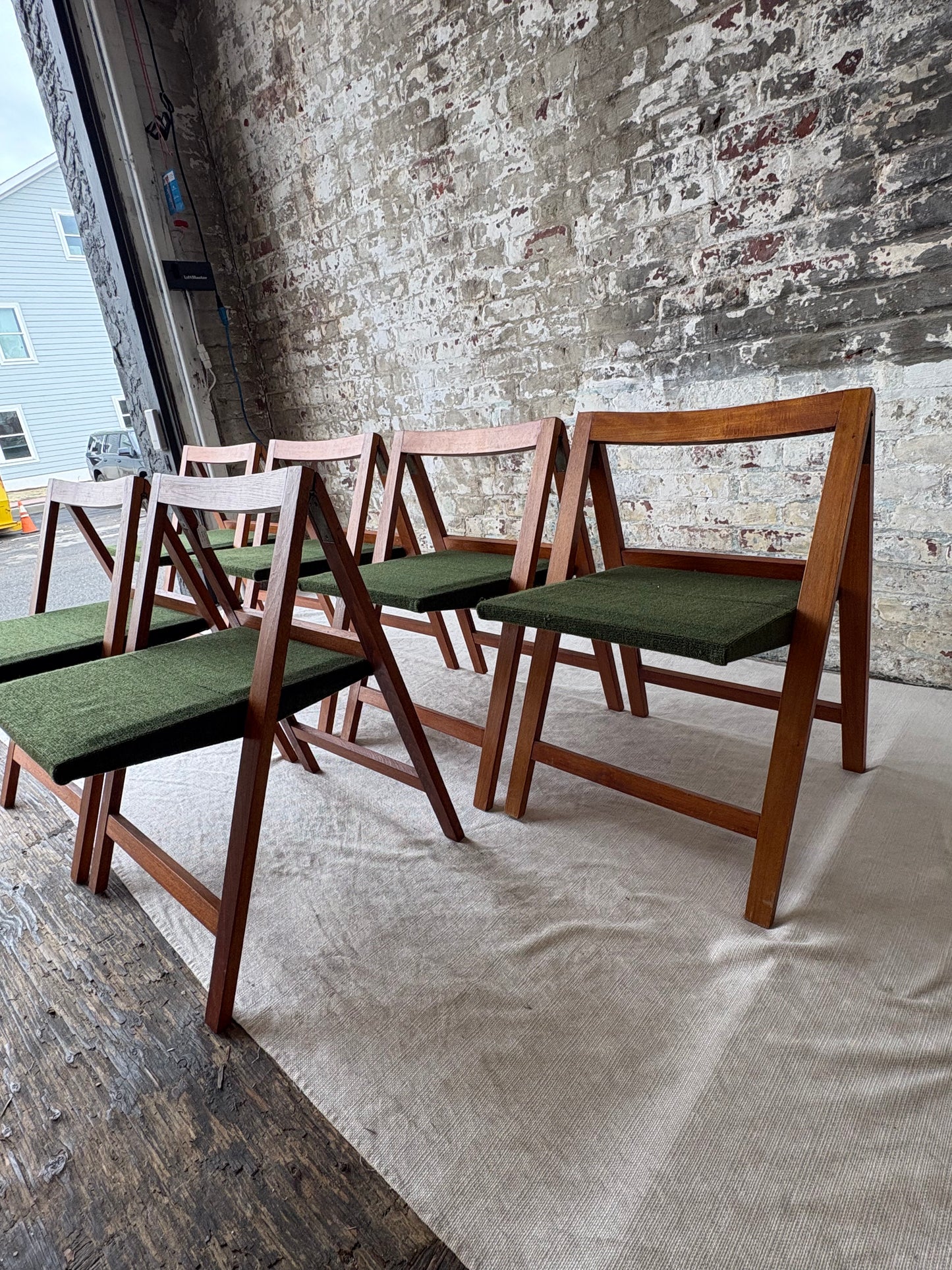 Set of 6 Mid Century Modern Teak Folding Dining Chairs with Green Upholstery