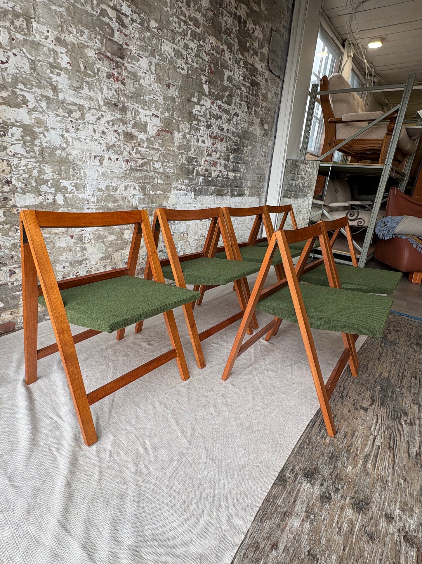 Set of 6 Mid Century Modern Teak Folding Dining Chairs with Green Upholstery