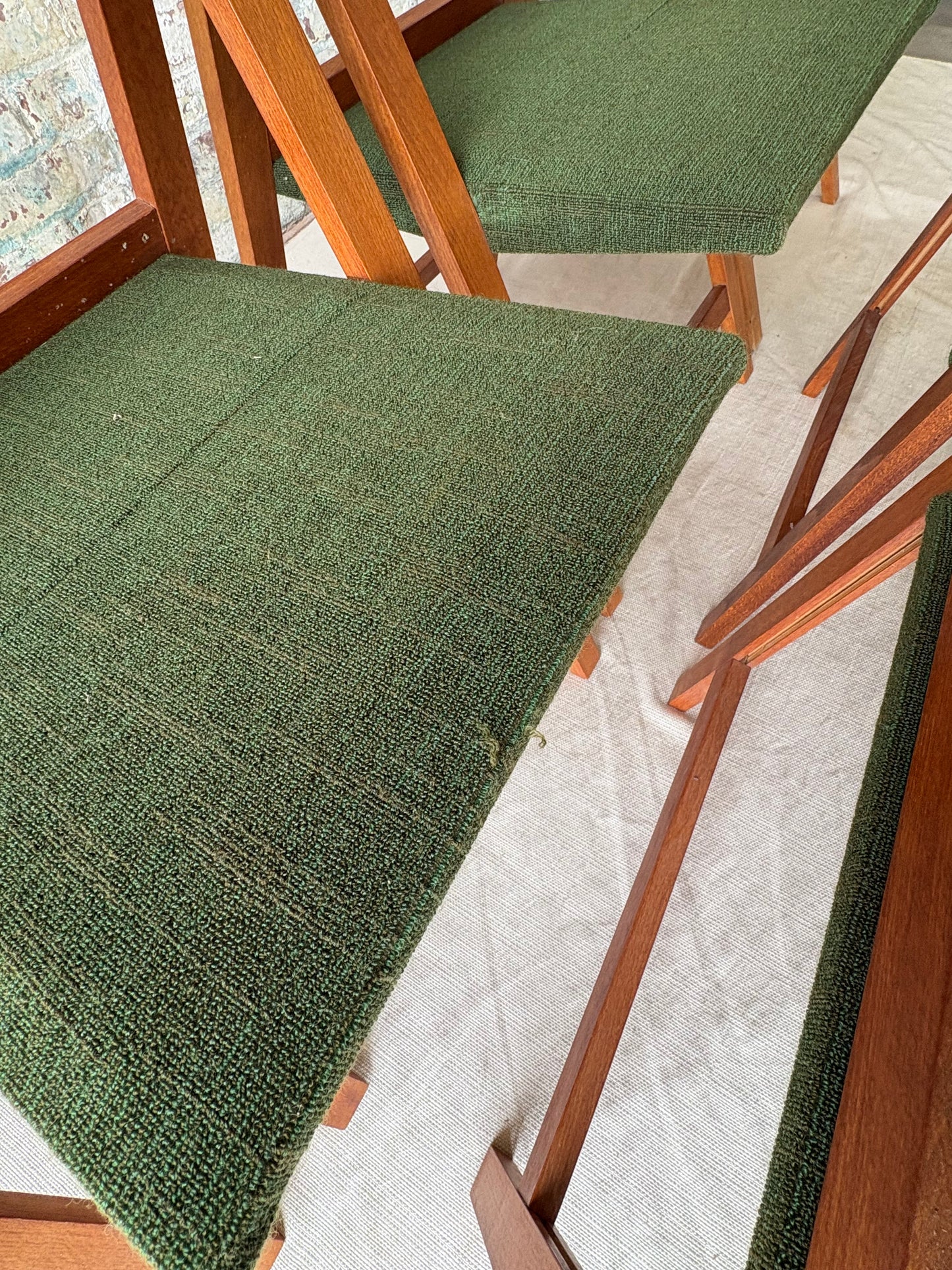 Set of 6 Mid Century Modern Teak Folding Dining Chairs with Green Upholstery