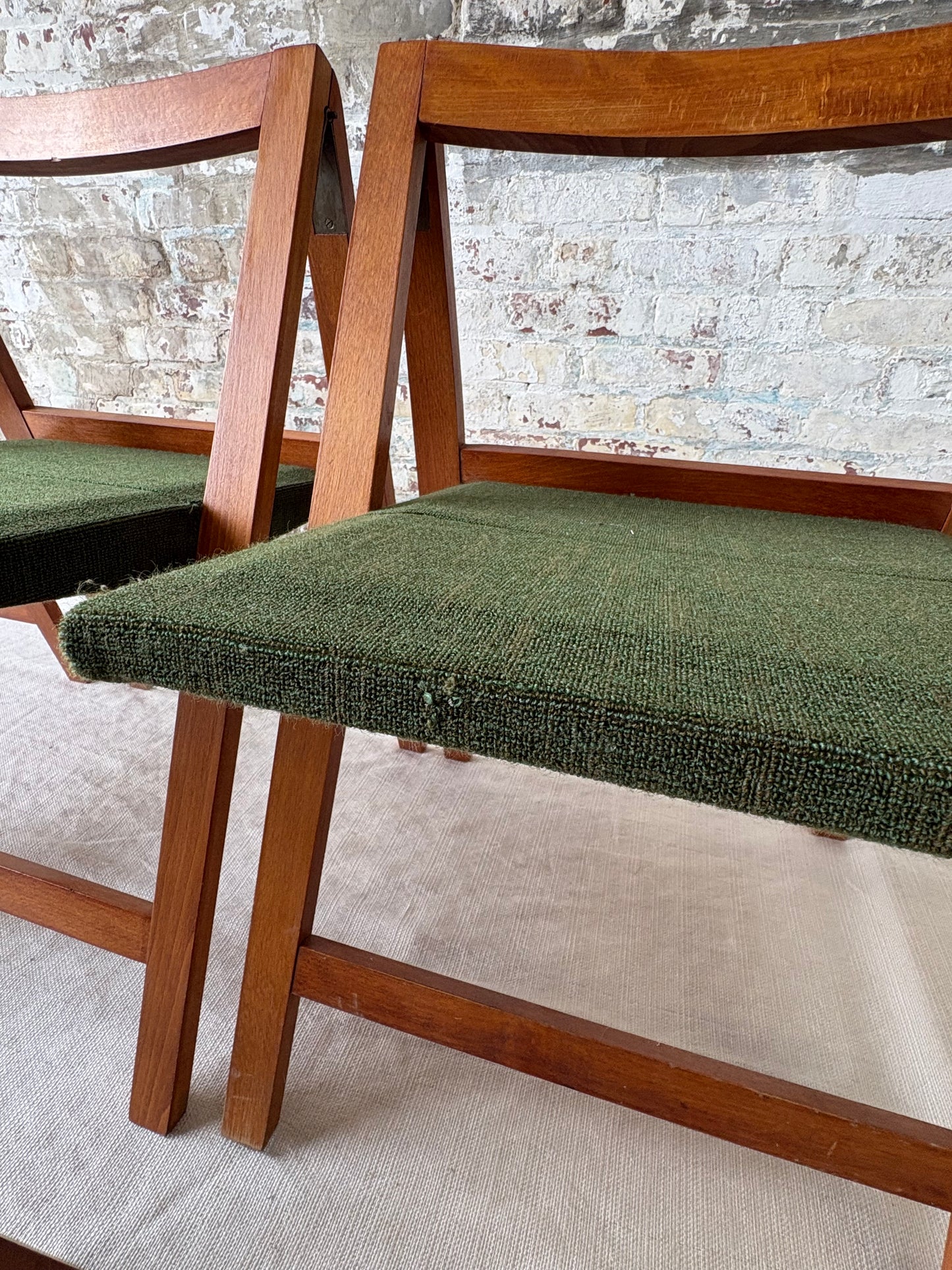 Set of 6 Mid Century Modern Teak Folding Dining Chairs with Green Upholstery