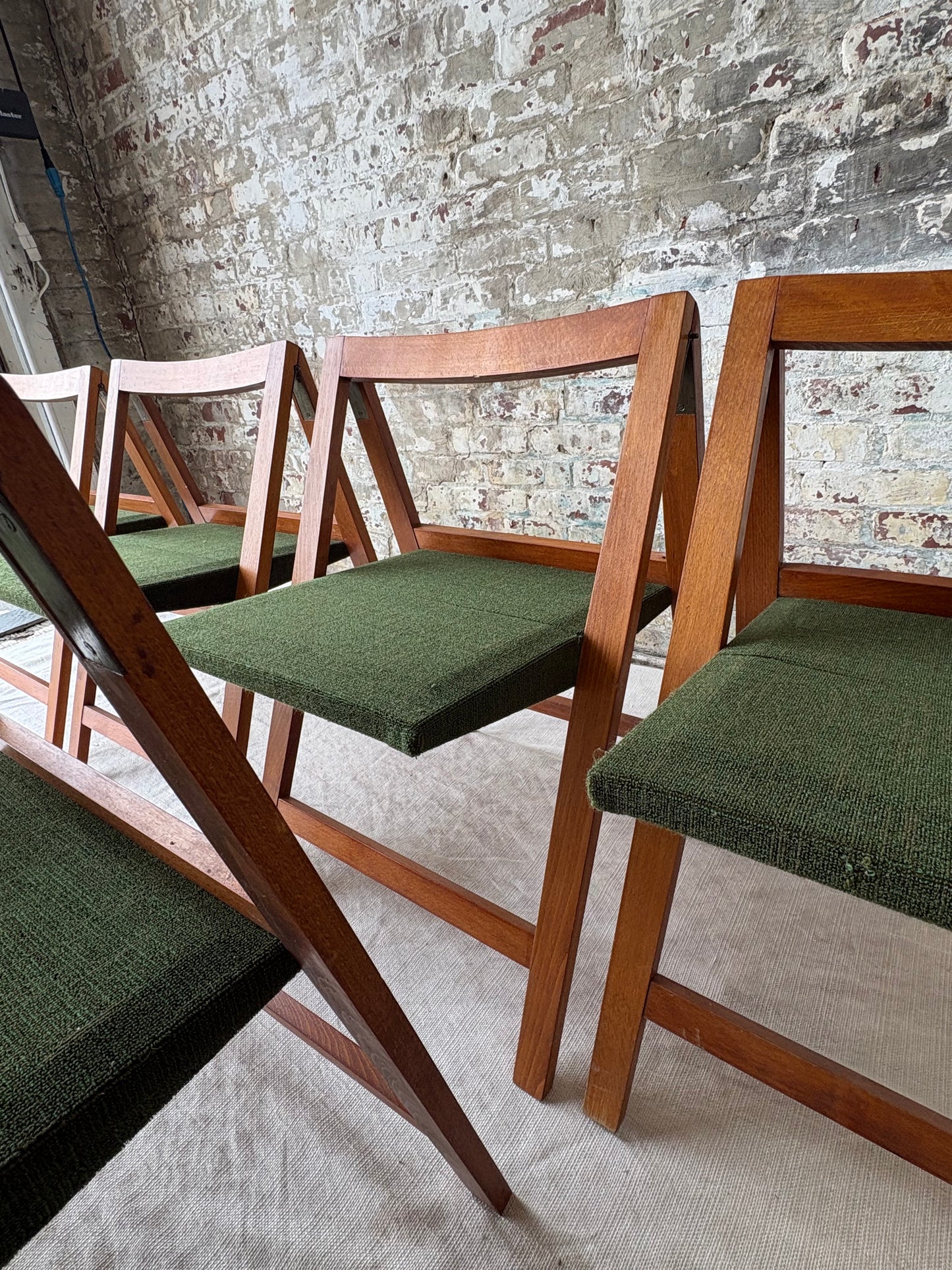 Set of 6 Mid Century Modern Teak Folding Dining Chairs with Green Upholstery
