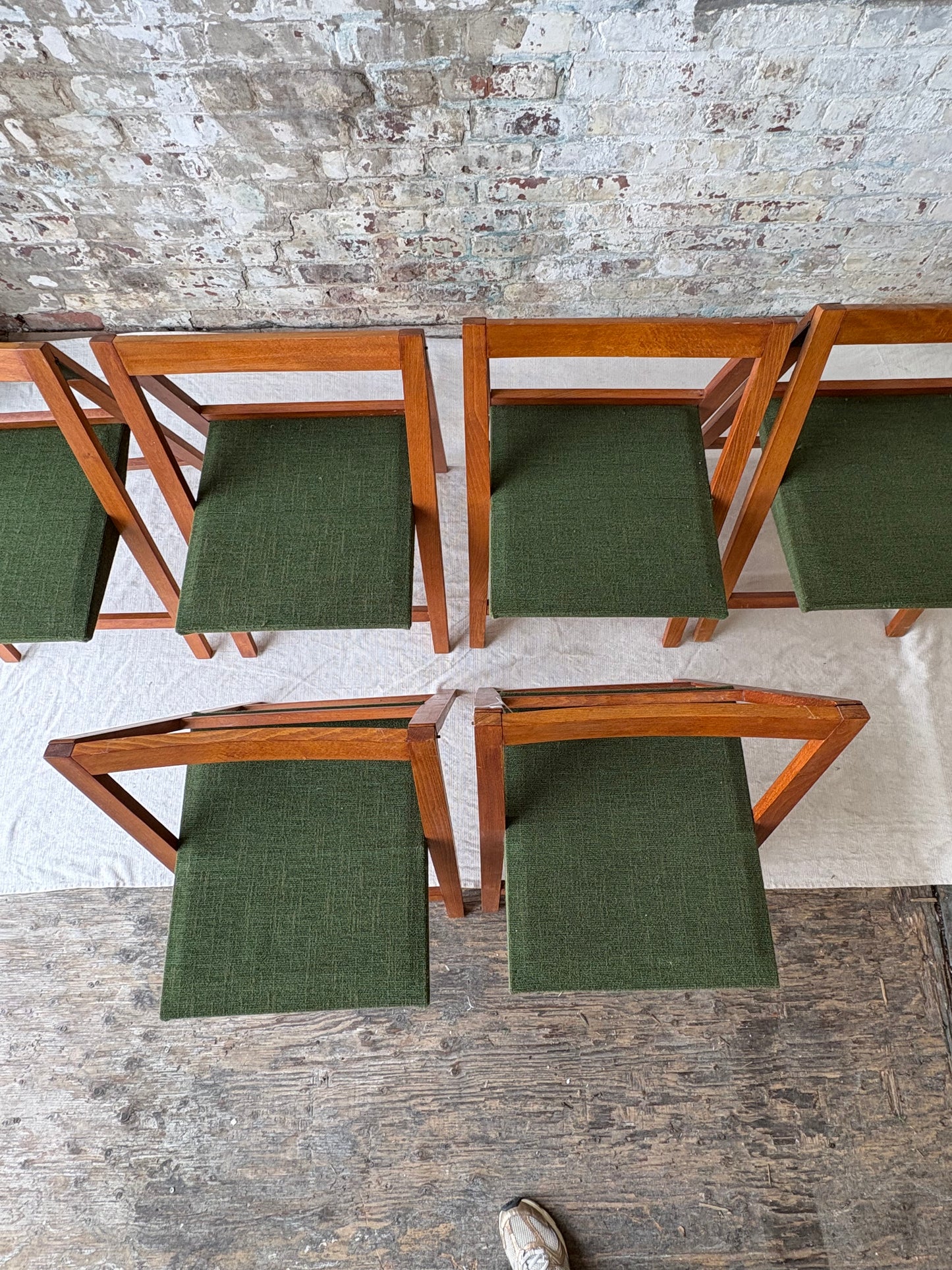Set of 6 Mid Century Modern Teak Folding Dining Chairs with Green Upholstery