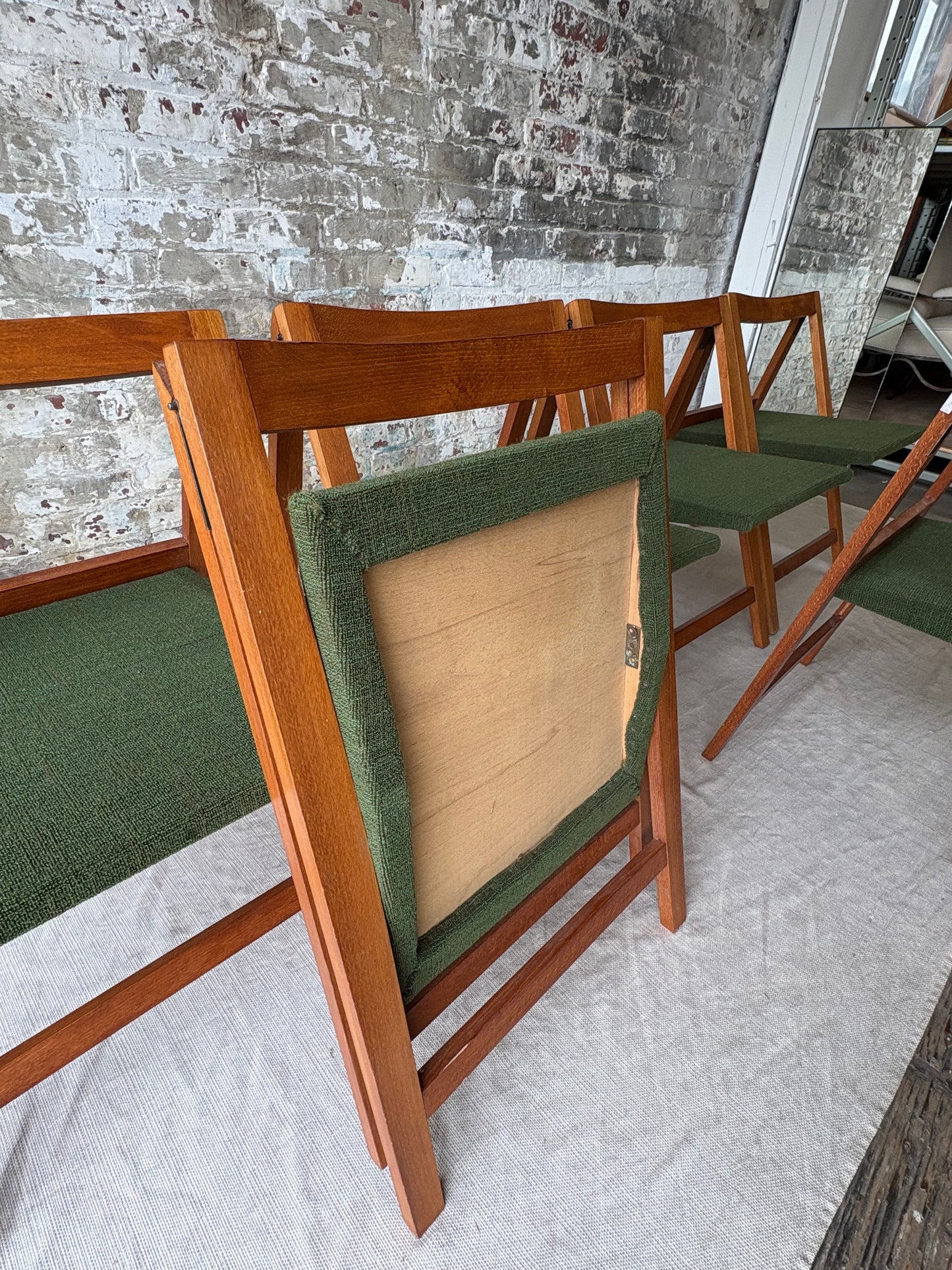 Set of 6 Mid Century Modern Teak Folding Dining Chairs with Green Upholstery