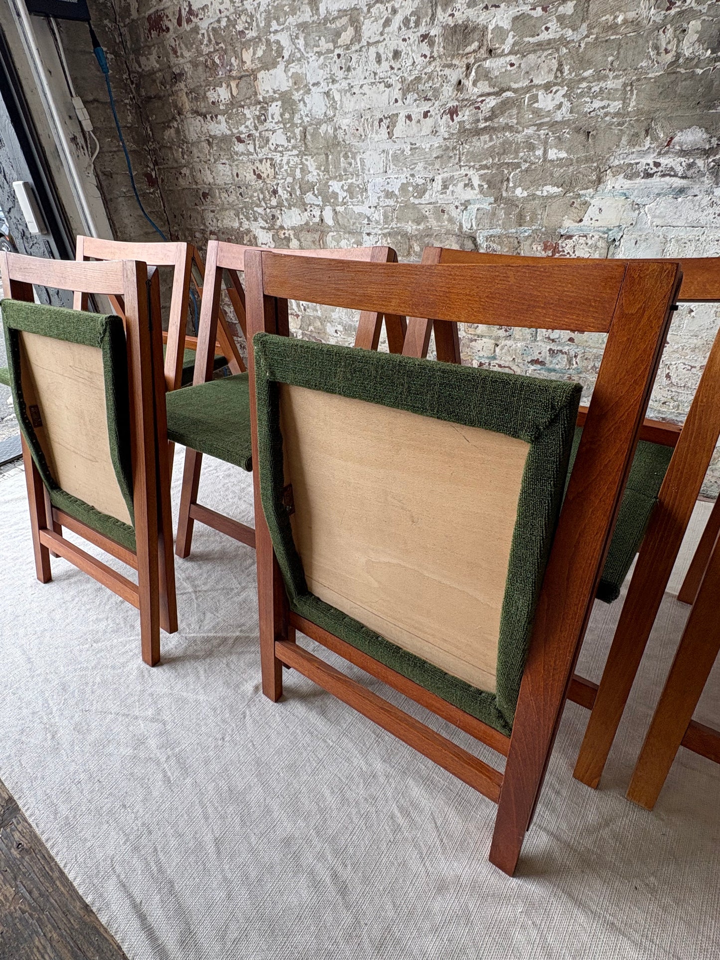 Set of 6 Mid Century Modern Teak Folding Dining Chairs with Green Upholstery