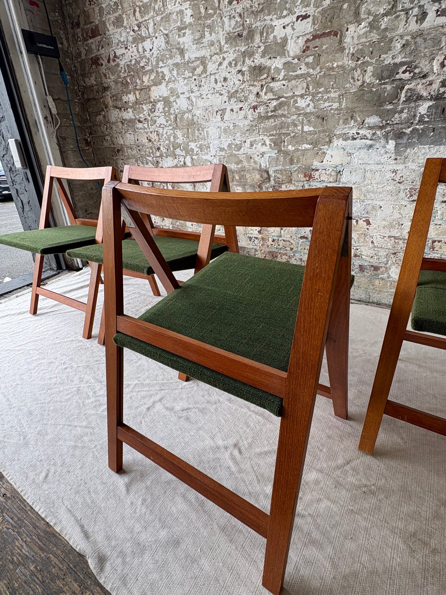 Set of 6 Mid Century Modern Teak Folding Dining Chairs with Green Upholstery