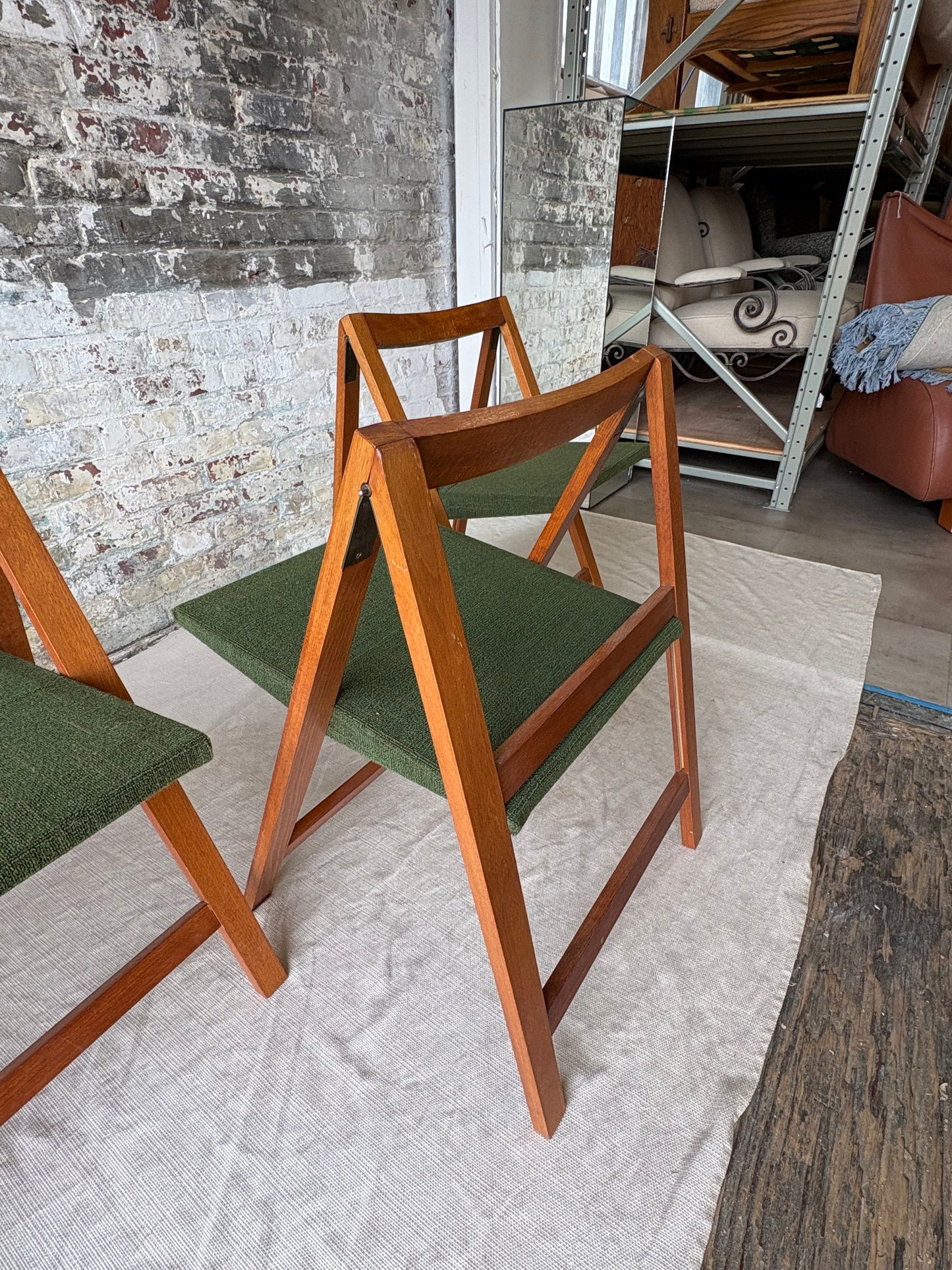 Set of 6 Mid Century Modern Teak Folding Dining Chairs with Green Upholstery