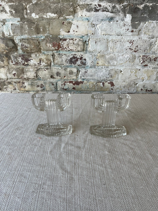 Vintage Art Deco Anchor Hocking Glass Queen Mary Double Candestick