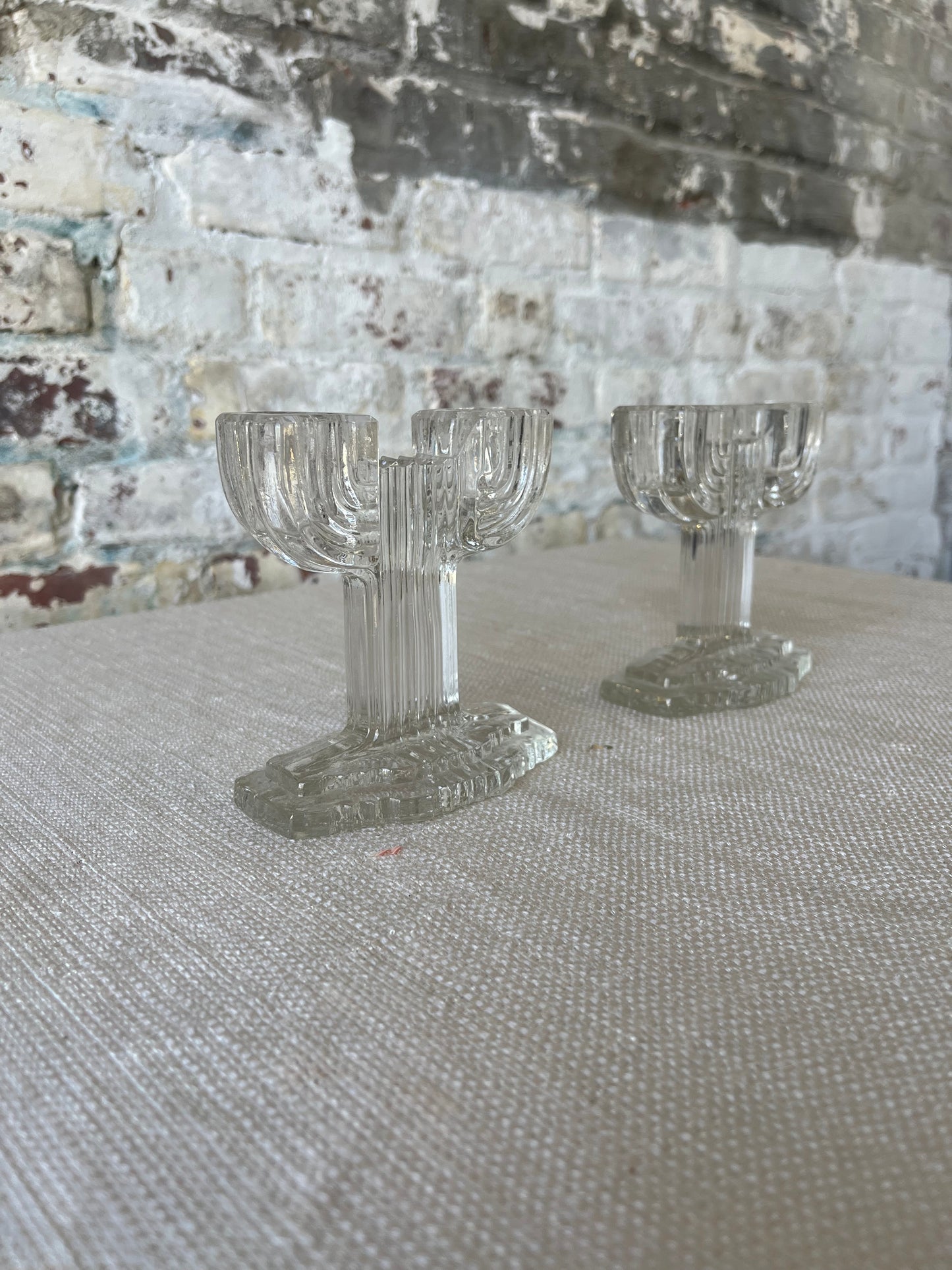 Vintage Art Deco Anchor Hocking Glass Queen Mary Double Candestick