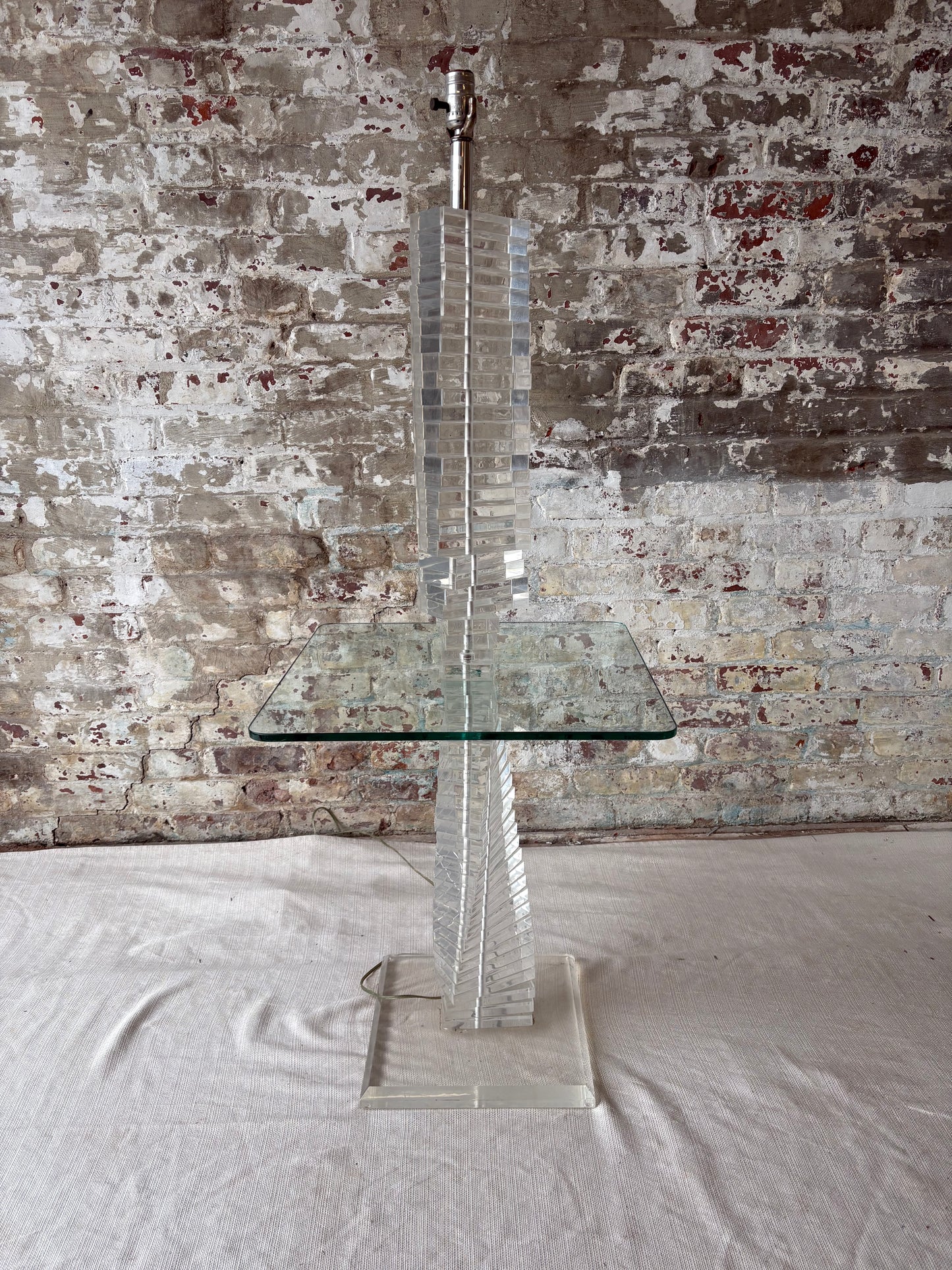 Vintage Lucite Acrylic Floor Lamp with Built-In Glass Side Table