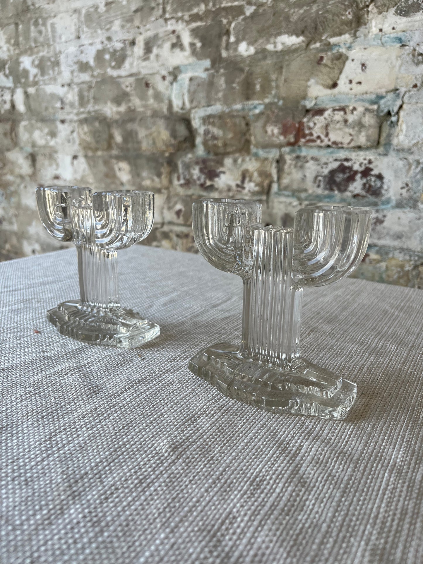 Vintage Art Deco Anchor Hocking Glass Queen Mary Double Candestick