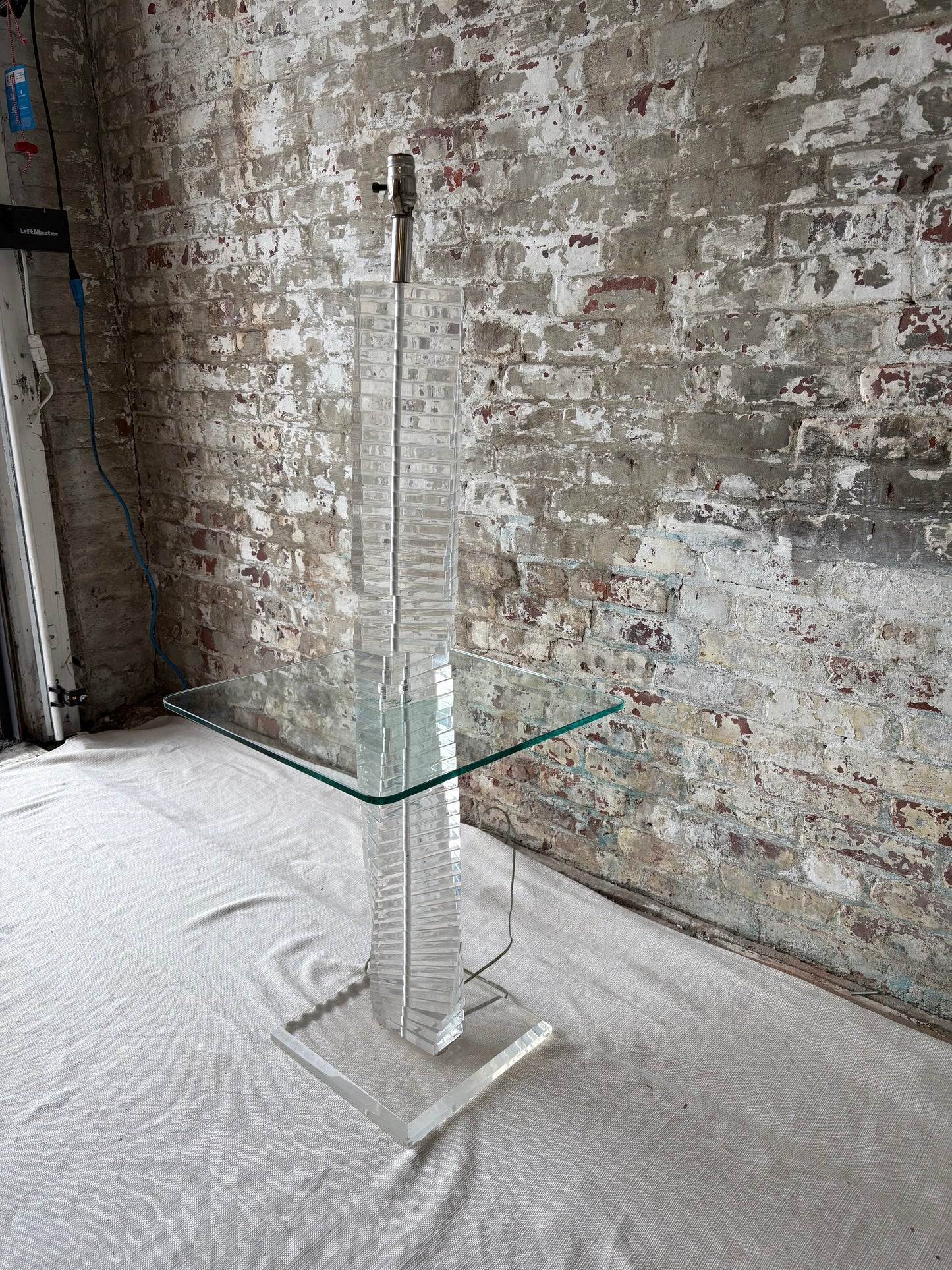 Vintage Lucite Acrylic Floor Lamp with Built-In Glass Side Table