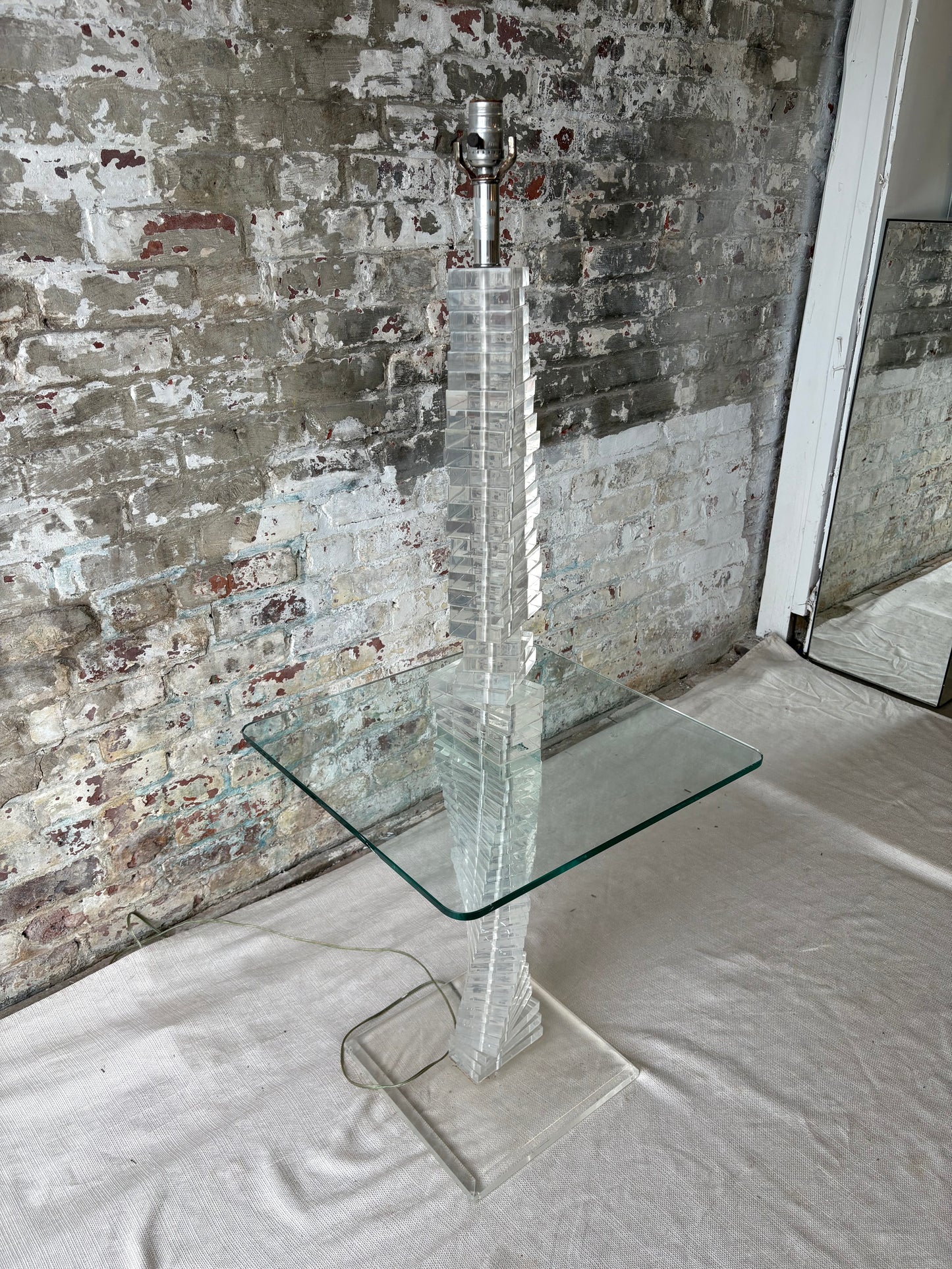 Vintage Lucite Acrylic Floor Lamp with Built-In Glass Side Table