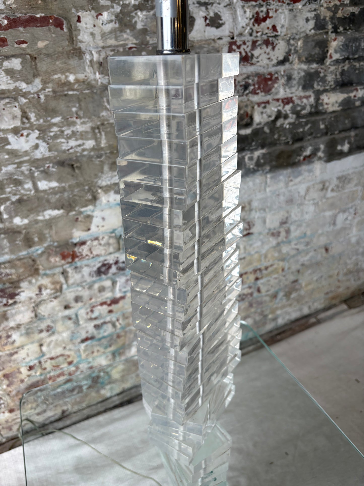 Vintage Lucite Acrylic Floor Lamp with Built-In Glass Side Table