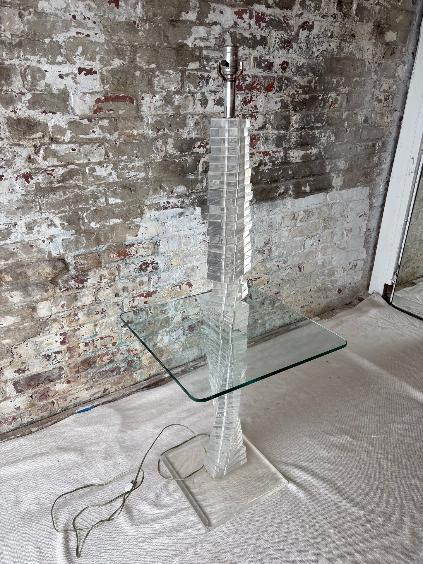 Vintage Lucite Acrylic Floor Lamp with Built-In Glass Side Table