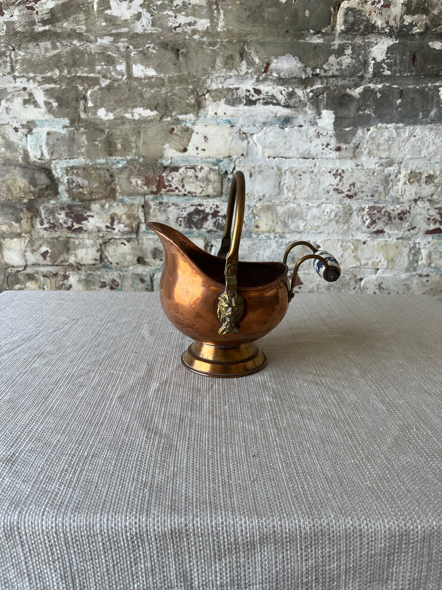 Vintage Copper Coal Scuttle with Blue & White Porcelain Handle