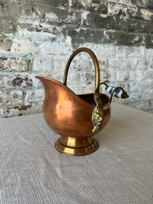 Vintage Copper Coal Scuttle with Blue & White Porcelain Handle