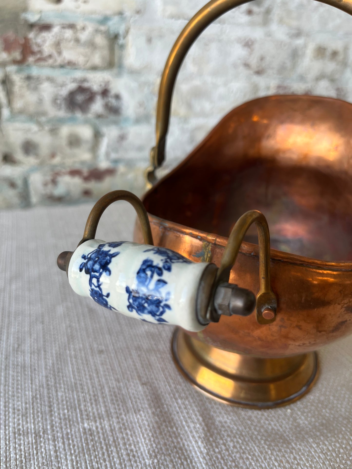 Vintage Copper Coal Scuttle with Blue & White Porcelain Handle