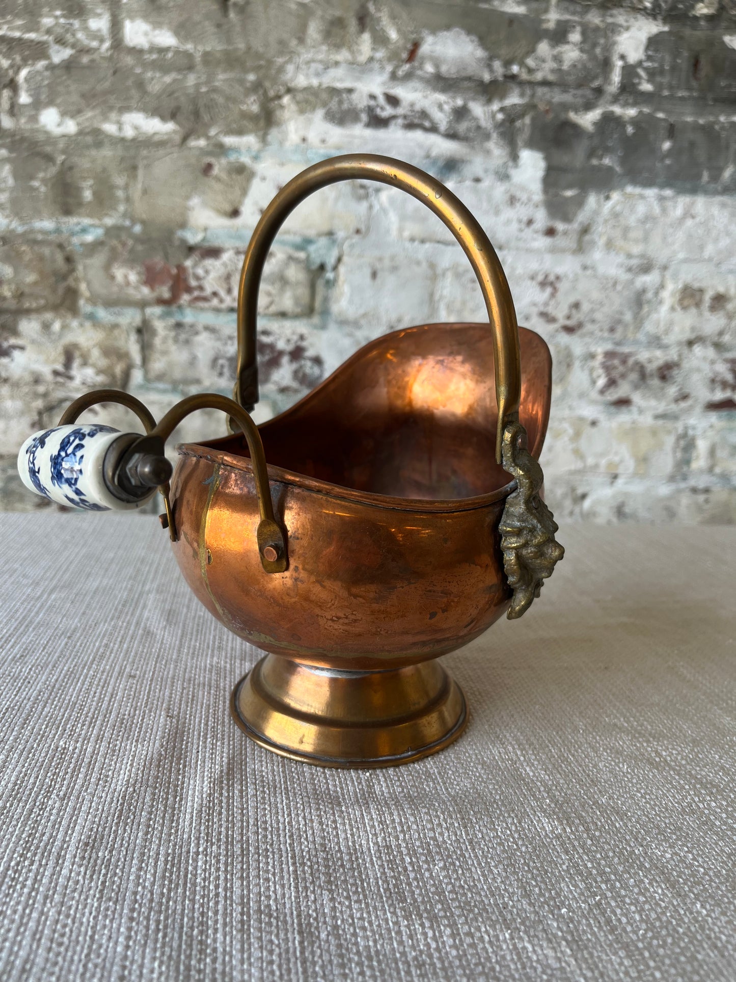 Vintage Copper Coal Scuttle with Blue & White Porcelain Handle