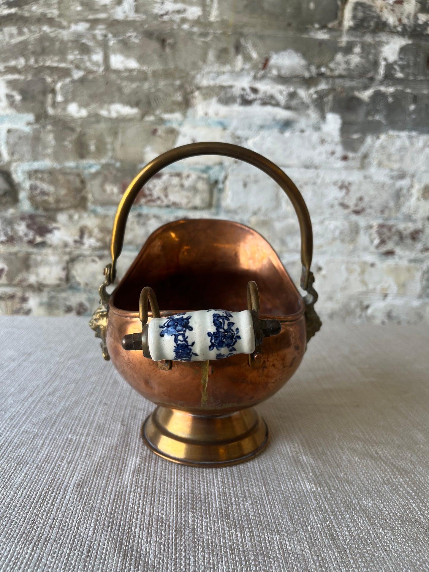 Vintage Copper Coal Scuttle with Blue & White Porcelain Handle