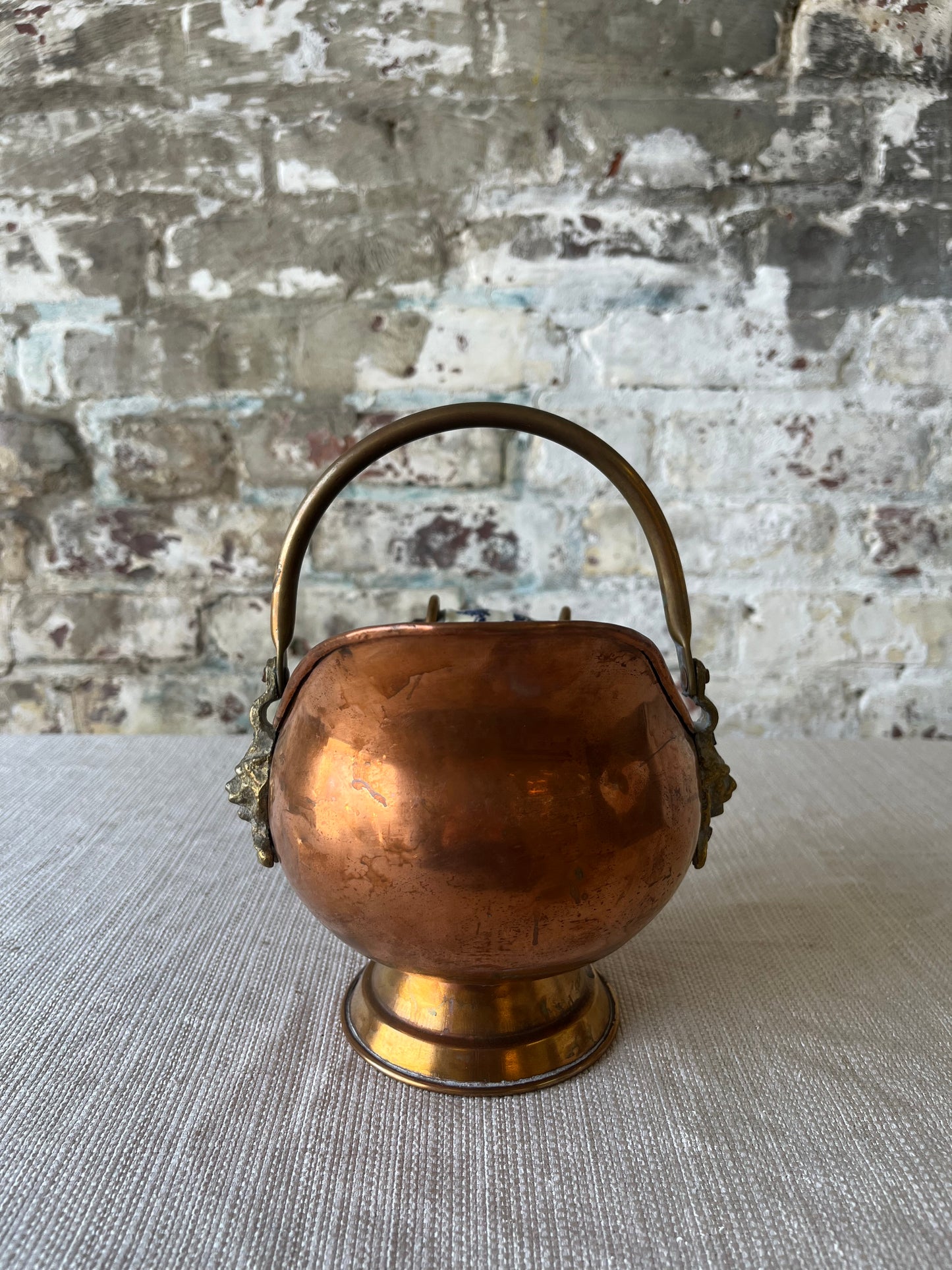 Vintage Copper Coal Scuttle with Blue & White Porcelain Handle
