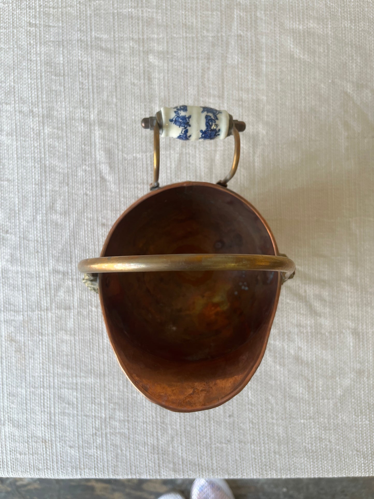 Vintage Copper Coal Scuttle with Blue & White Porcelain Handle